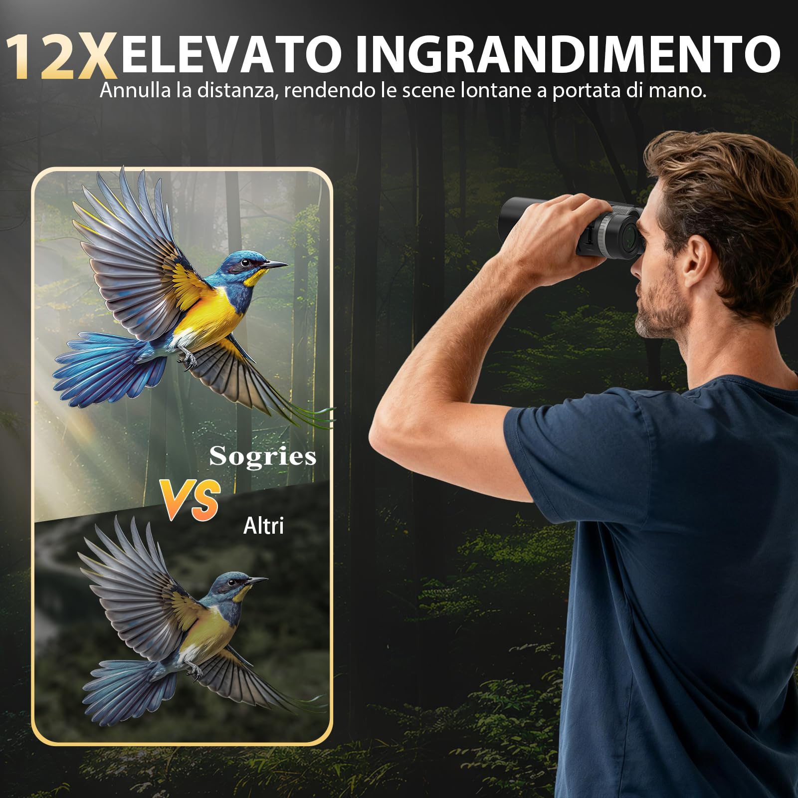 Binocolo 12x42 Professionale BAK4 Alta Definizione con Smartphone e Treppiede, Impermeabile per Birdwatching, Caccia e Escursionismo | BAK4, FMC, impermeabile, a prova di nebbia, ad alta potenza, per bird watching, escursionismo, viaggi