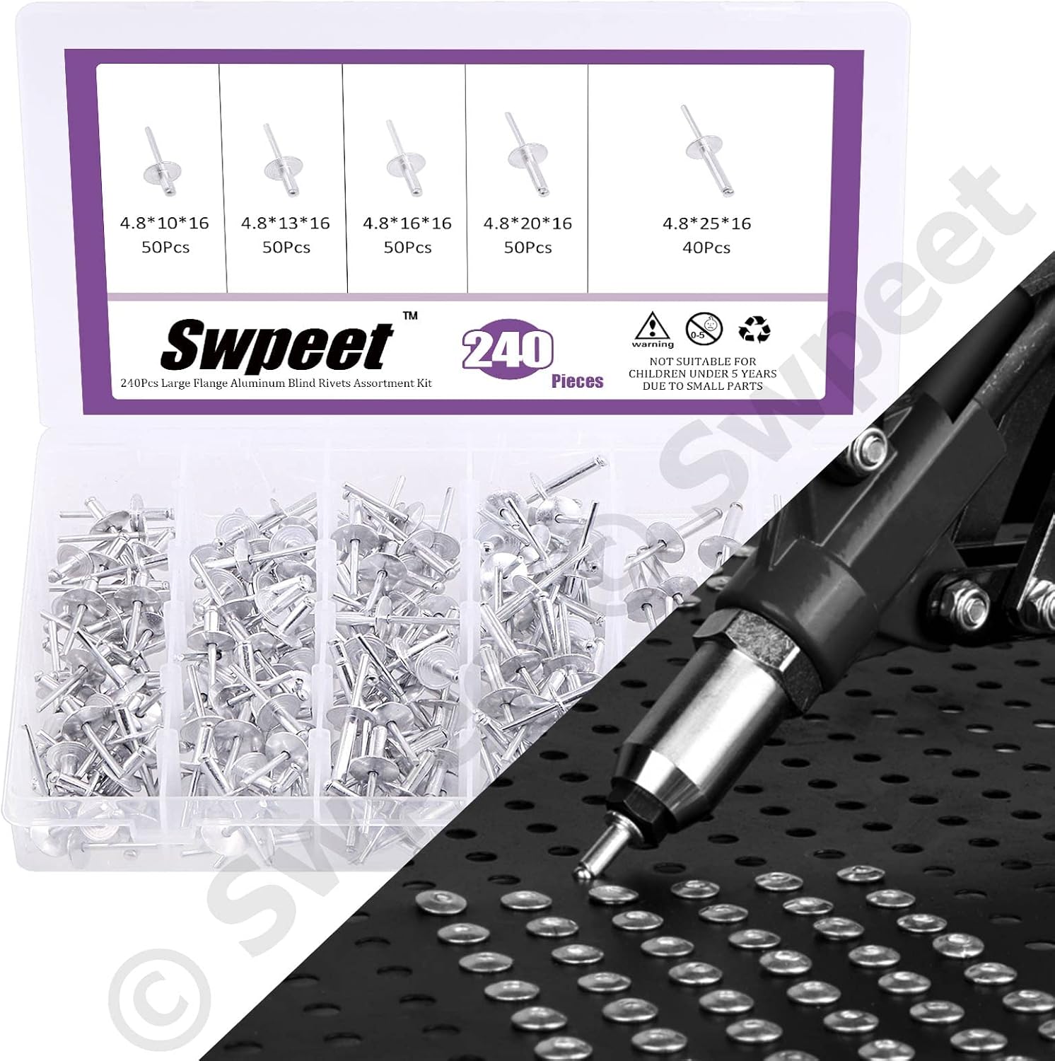 Swpeet 240Pcs 3/16" x 3/8" / 1/2" / 5/8"/ 3/4"/ 1" Large Flange Aluminum Blind Rivets Kit, Silver Pop Rivets Open End Type Pop Rivet for Indoor and Outdoor Use