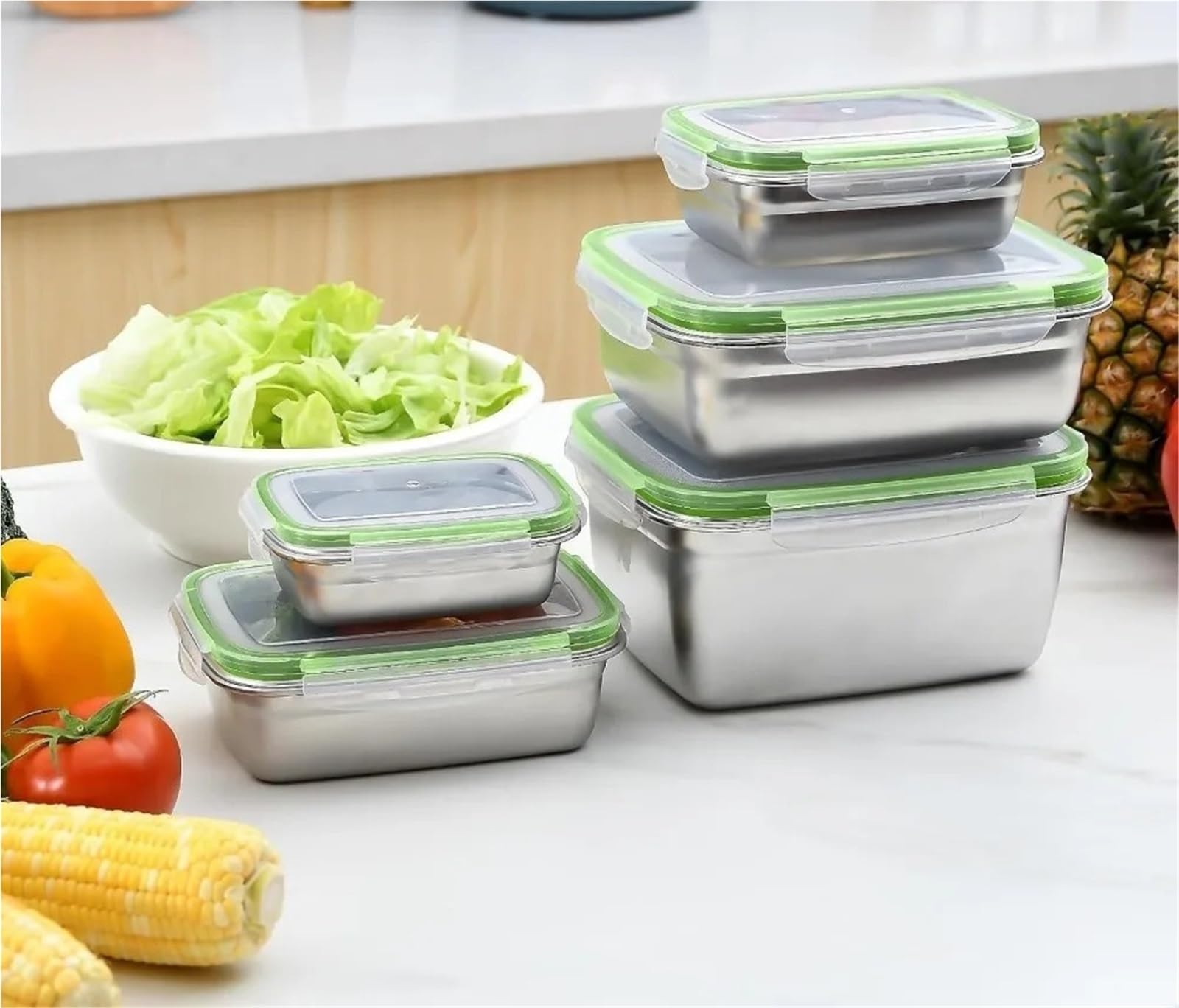 Set di 3 contenitori per alimenti in acciaio inox, quadrati, con coperchio, 400 ml, 750 ml, 1200 ml, per conservare i pasti (3 pezzi)