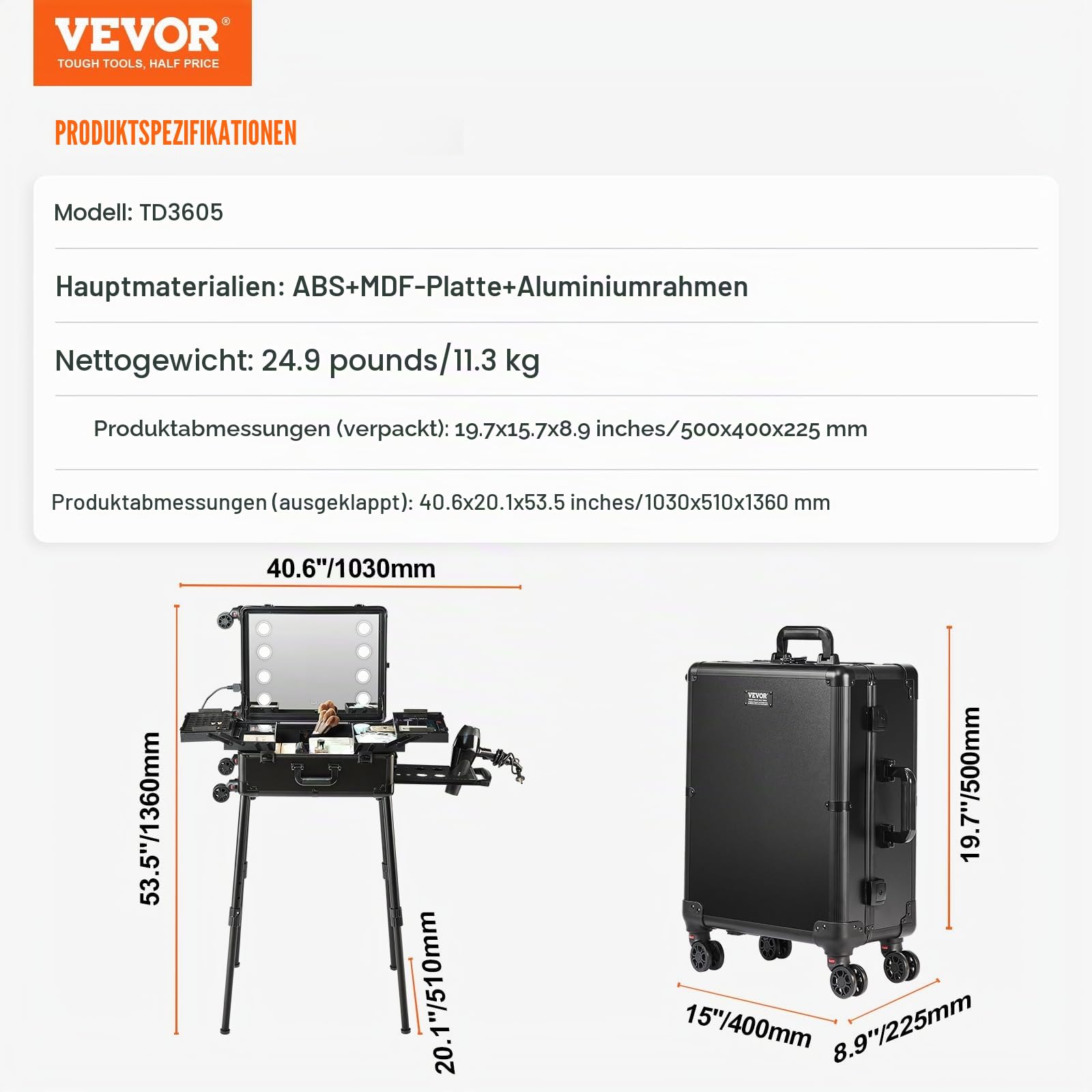 VEVOR Kosmetikkoffer 1030 x 510 x 1360 mm Schminktasche ABS + MDF-Platte + Aluminiumrahmen Schminkkoffer Make-Up Koffer Ideal für Friseur-, Make-up-Studios, Hochzeits- oder Event-Make-up