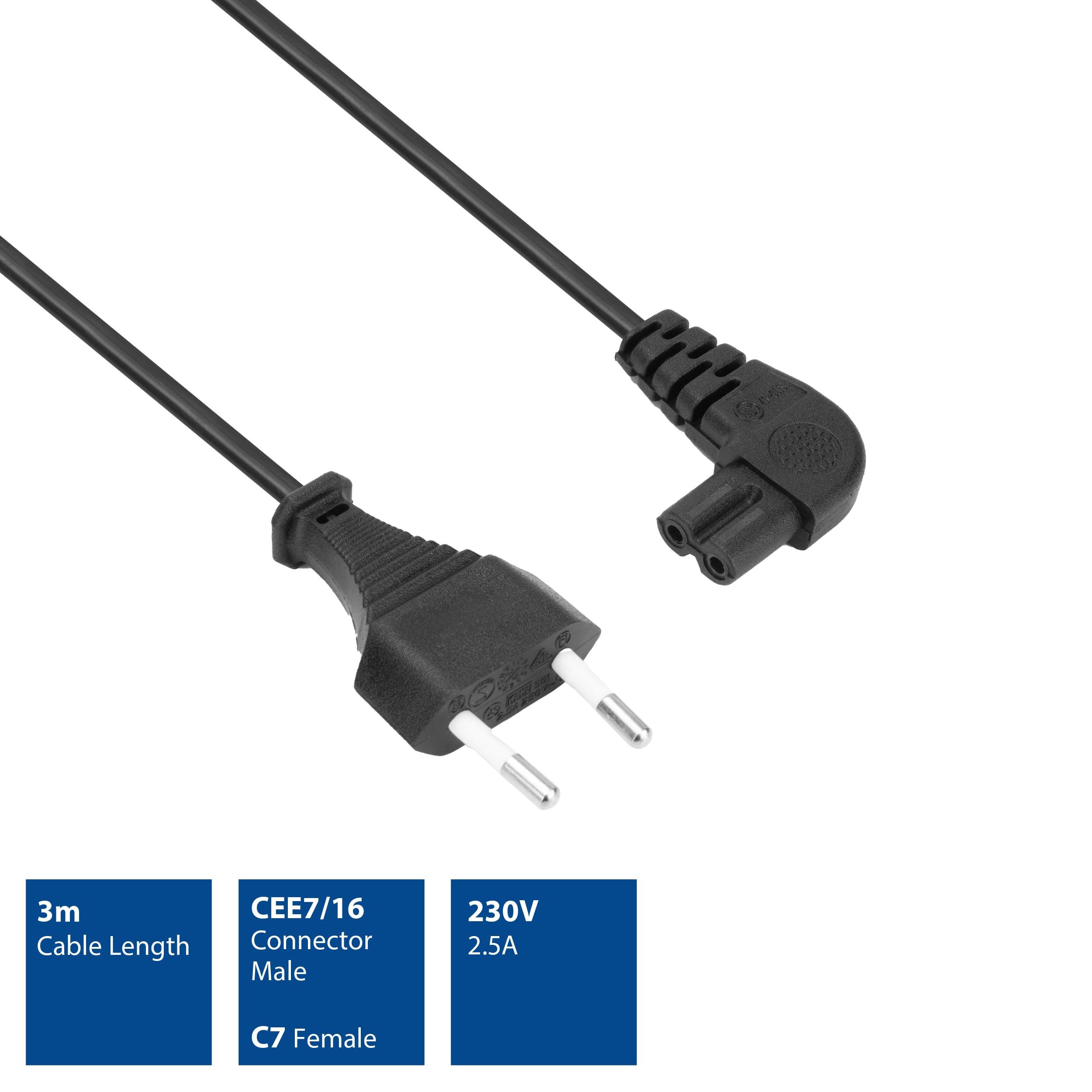 ACT C7 Kabel 3m, Euro Netzkabel Stromkabel Type C Eurostecker Gewinkelt auf Buchse, Kleingerätekabel PS4/PS5, TV, Drucker– AK5421, 3 m (Packung mit 2)
