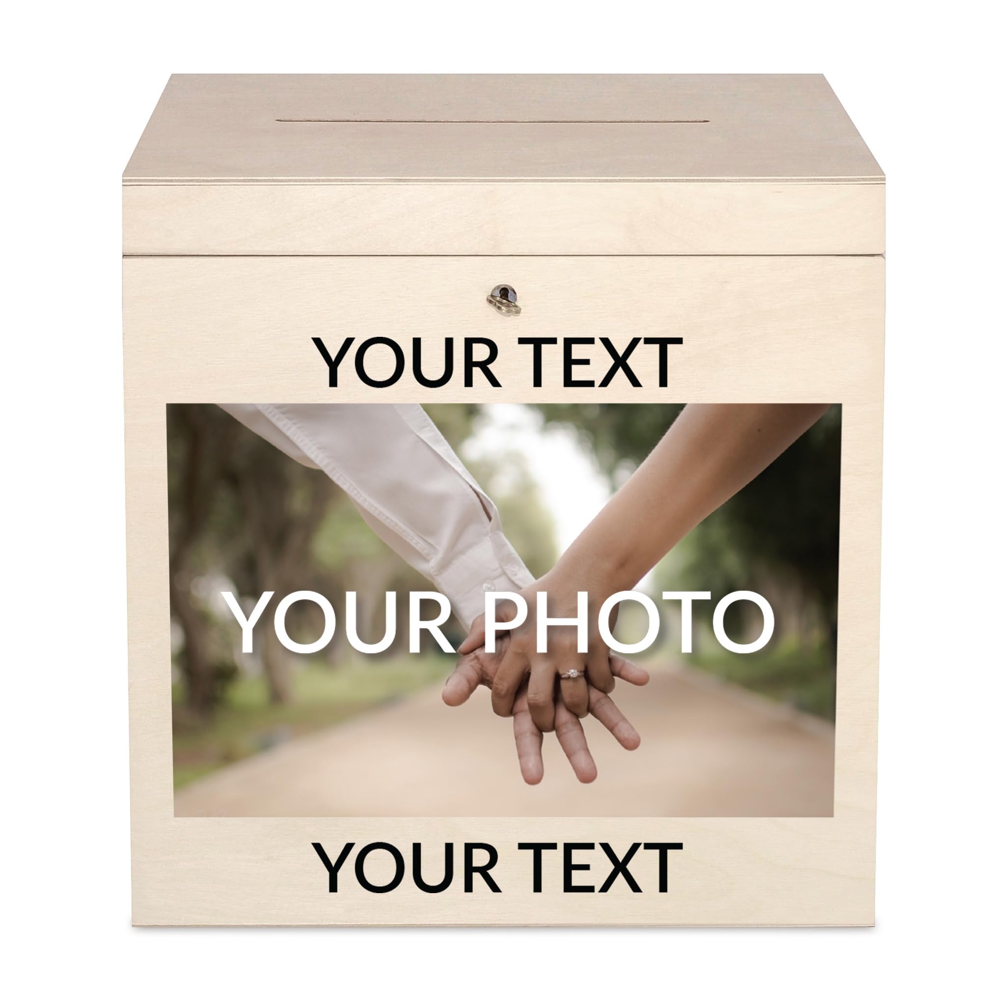 Creative Deco Personalised Lockable Wooden Wedding Card Box | 29 x 25 x 30 cm | Your Photo/Logo + Text | Unpainted Plain Storage Box with Lid | Wood Keepsake Memory Trinket Chest for Post โ image 1
