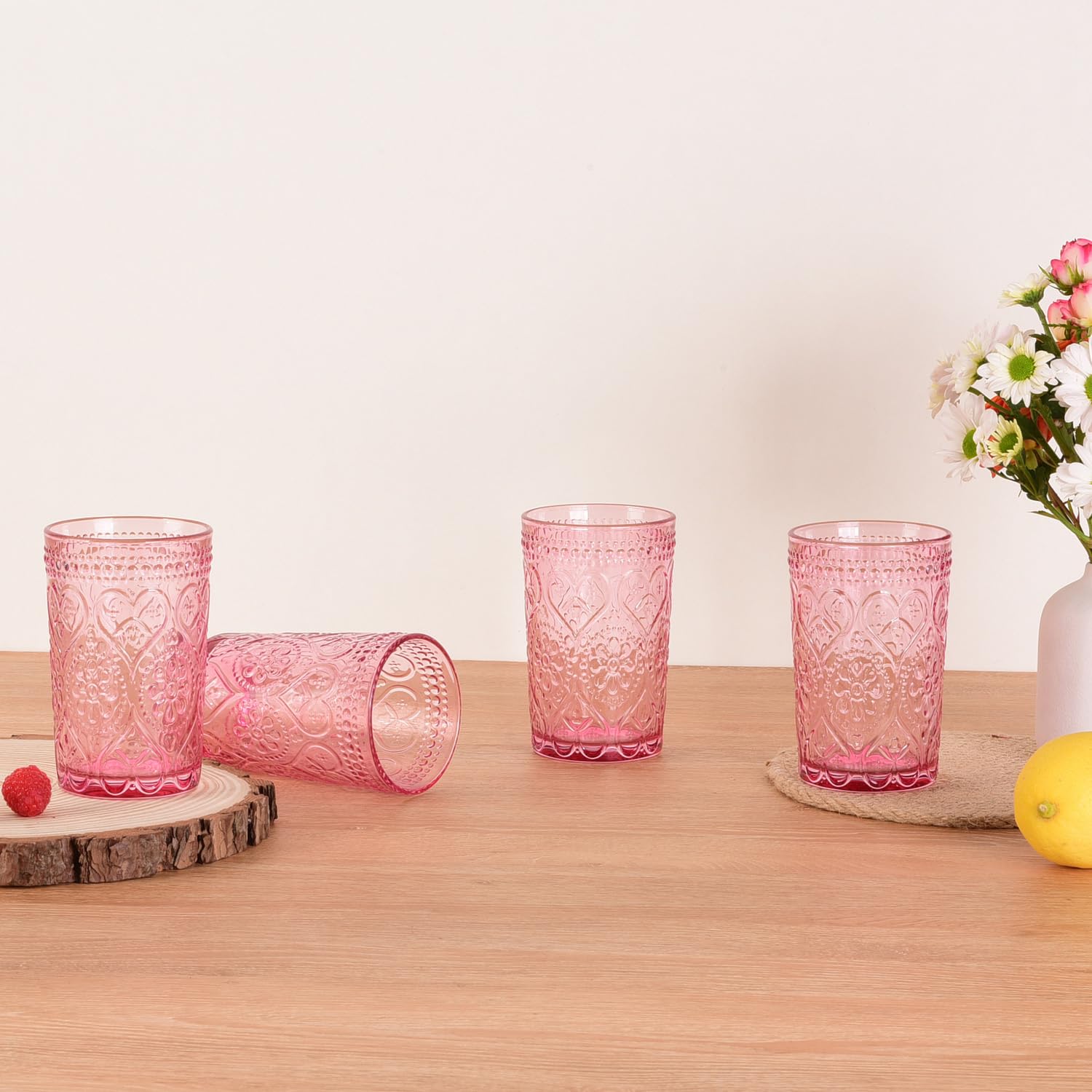 GLASS SMILE Vintage Trinkgläser Set von 4-12 oz rosa geprägte altmodische Wassergläser Tumbler für Whisky, Bier, Saft, Getränke, Cocktail