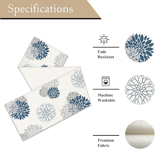 Miniatura 6 de WHOMEAF Camino de mesa azul y gris con flores de dalia pinnata beige, moderno, elegante, pompones, decoración geométrica de centro de mesa para el
