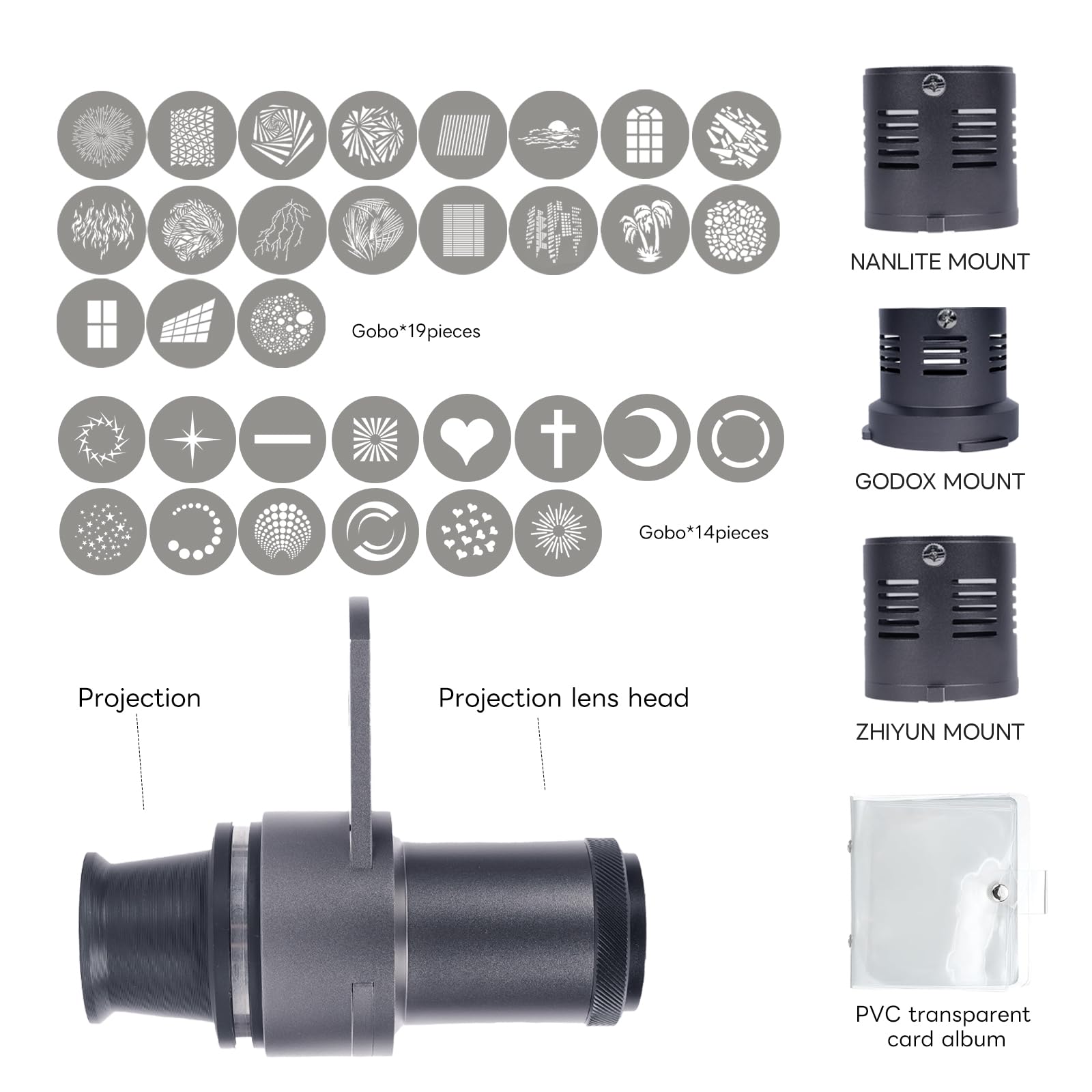 Mini Snoot optique avec accessoires Gobos - Snoot en forme de projecteur compatible avec GodoxA ML100BI, ML100R, NanliteE FC-60B, FC-120B, ZY Molus X100, CX100 - Comprend 33 Gobos