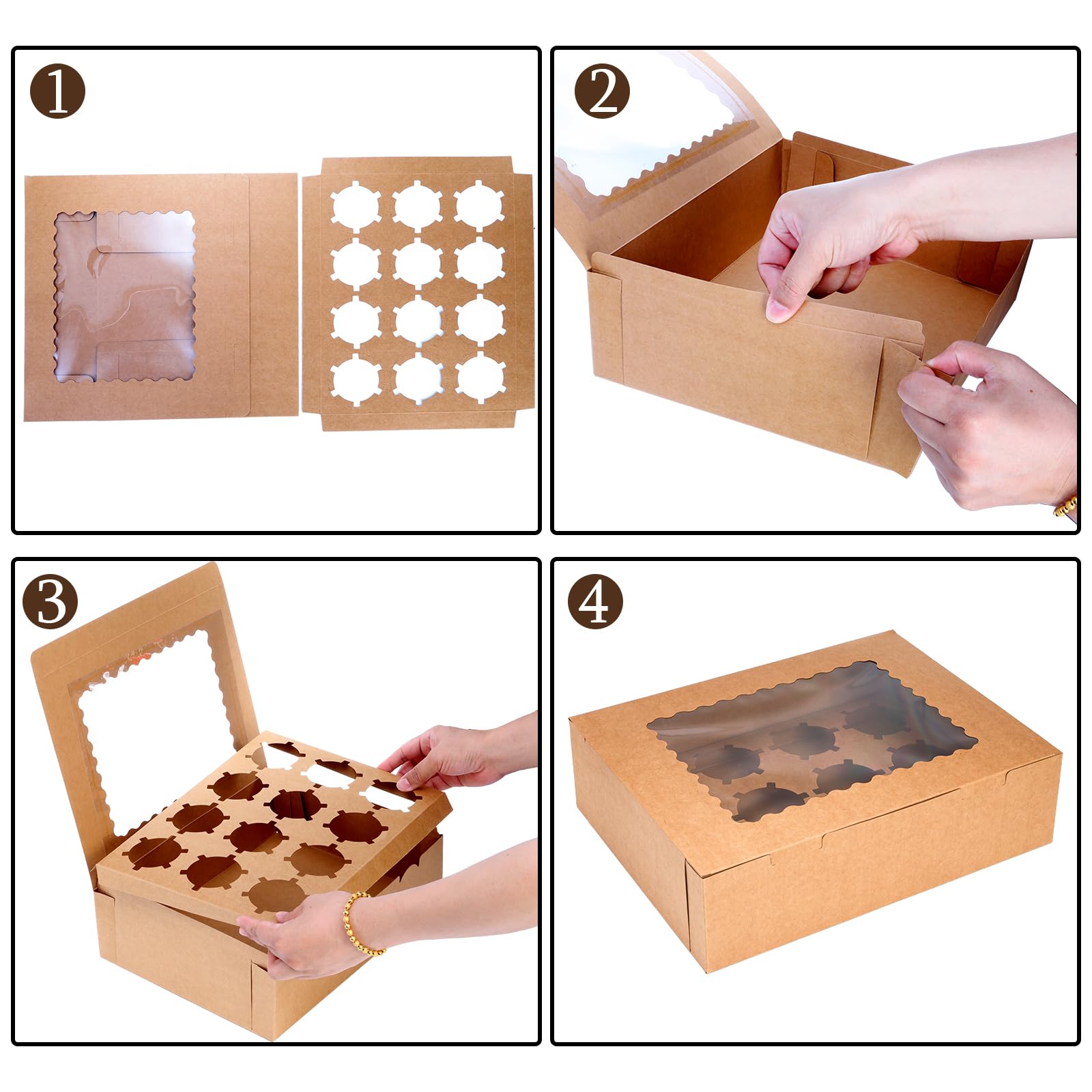 Jucoan 20er Set Cupcake Muffin Box aus Kraftpapier mit Großem Sichtfenster je 12 Loch Kuchenboxen Cupcake Boxen mit Abnehmbaren Einsätzen Cupcake Behälter mit Fenster für Muffins Cupcake Macarons