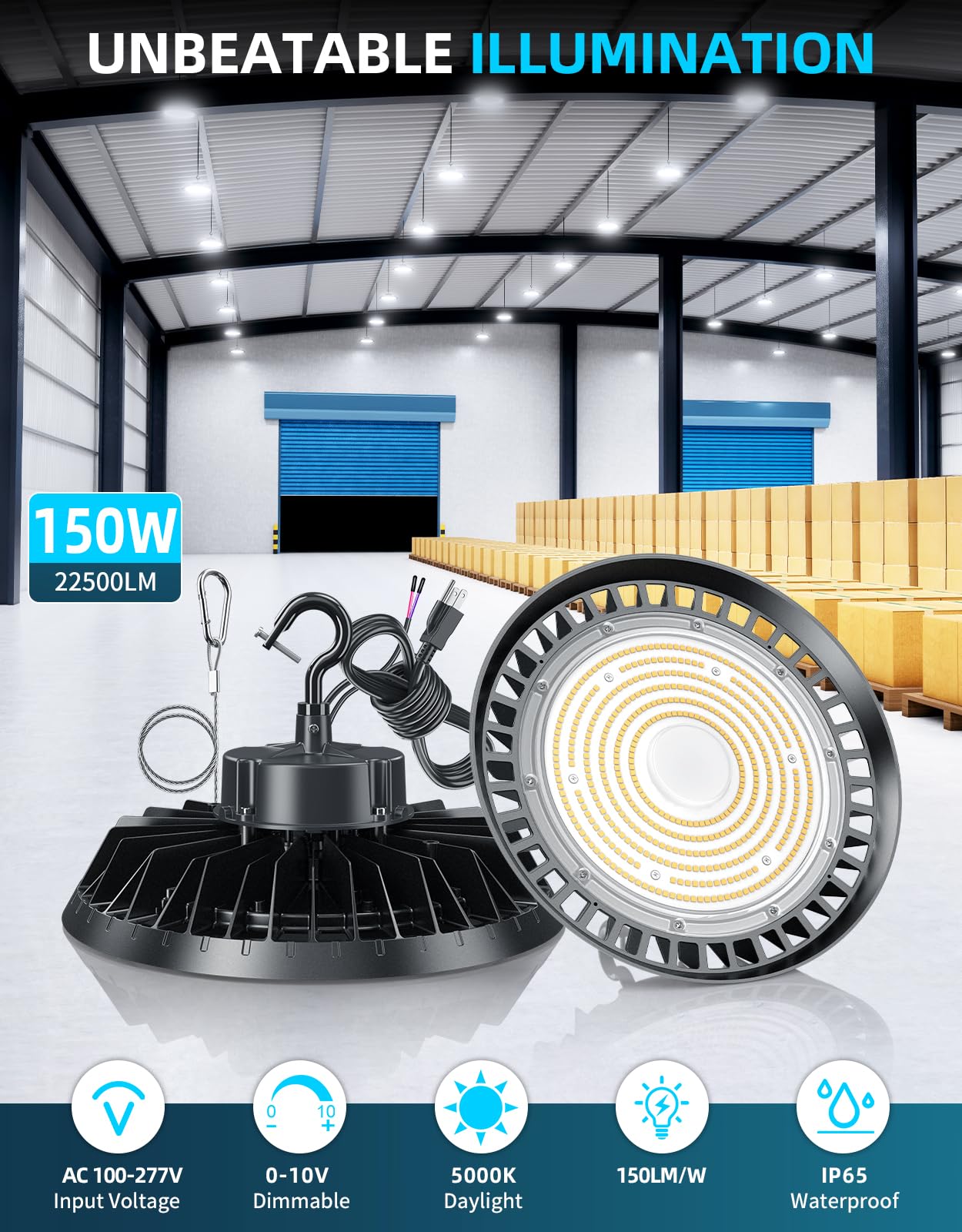 ADUB UFO LED High Bay Light 150W DLC ETL Listed High Bay LED Shop Light with Plug 5000K — view 2