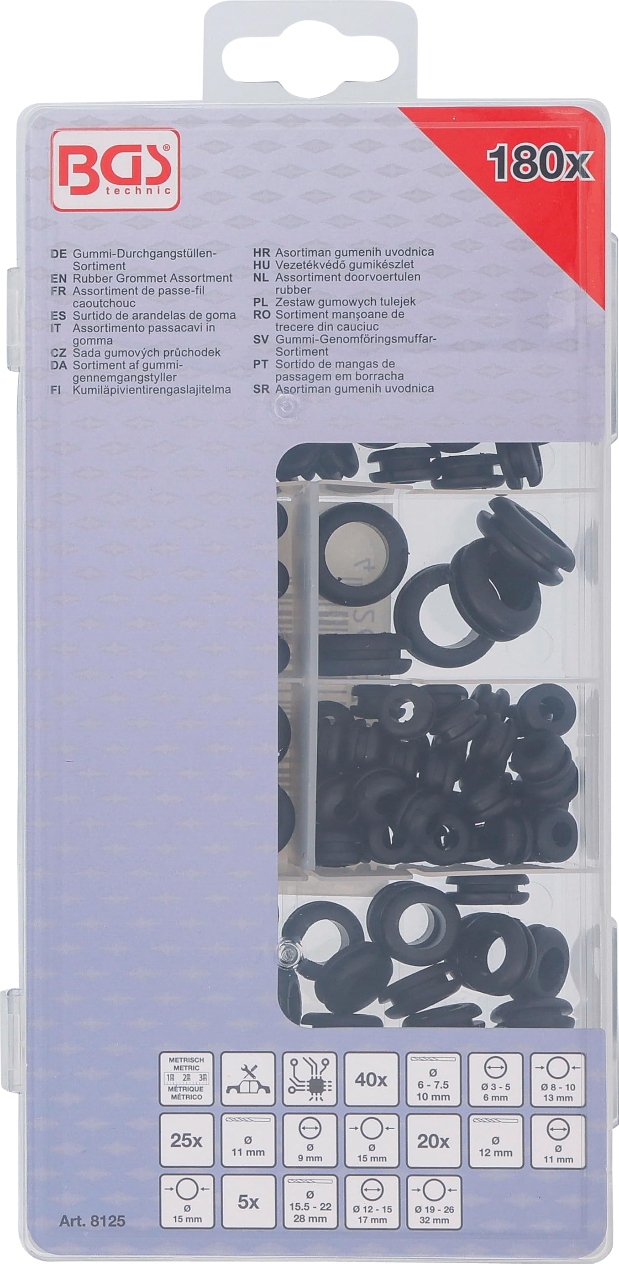 BGS 8125 | Assortimento passacavi in gomma | metrico | 180 pz.