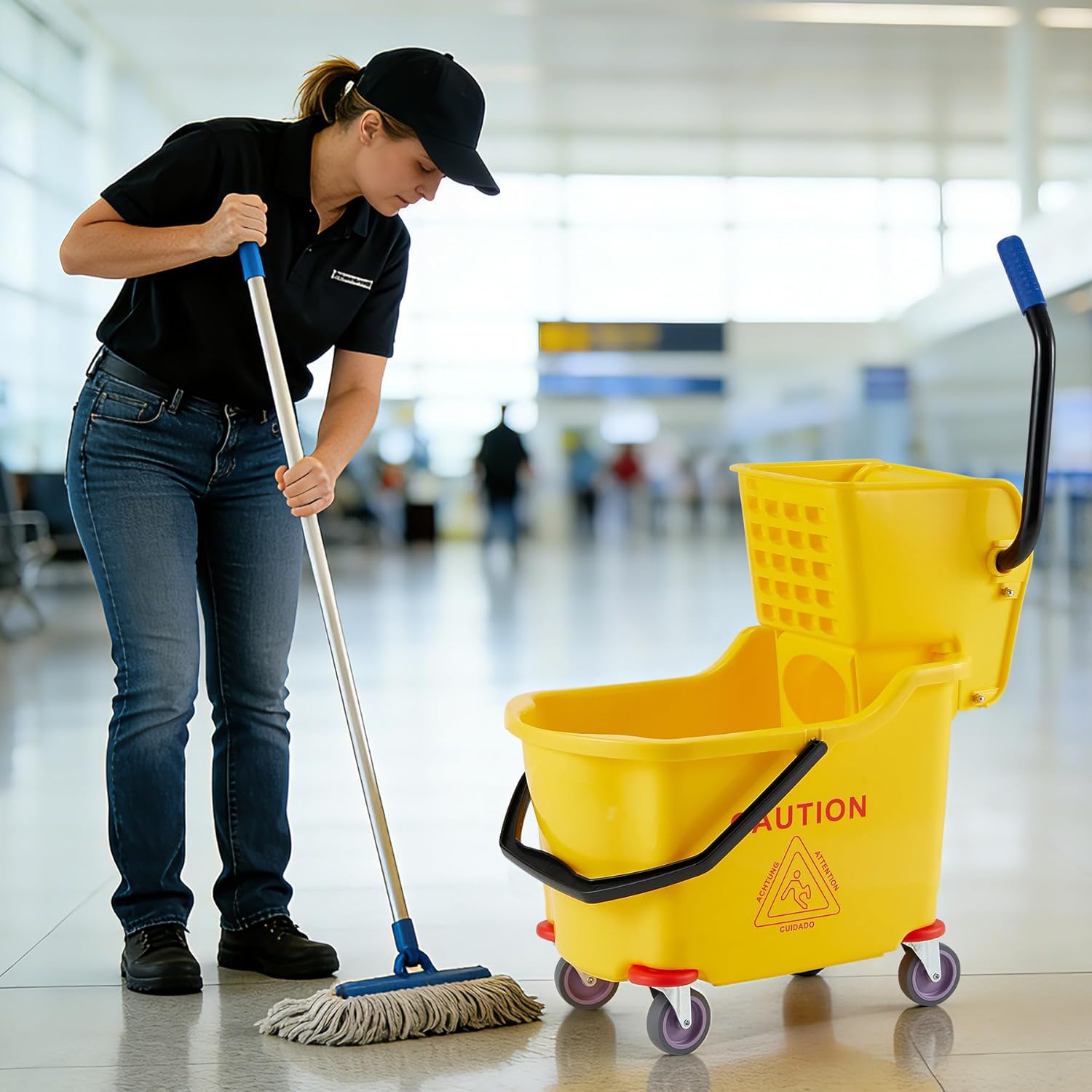 Commercial Mop Bucket with Side Press Wringer on Wheels, 35 Quart Capacity for Floor Cleaning, Kitchens, Restaurants, and Janitorial Use, Yellow
