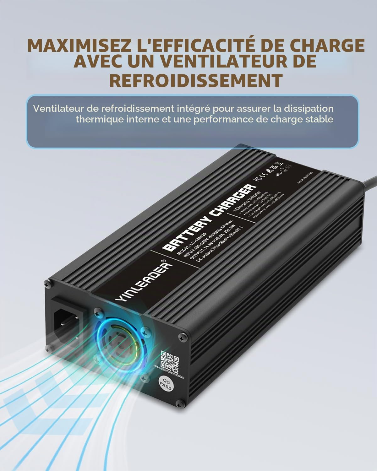 Yinleader Chargeur de Batterie Automobile LiFePO4 20A 12V - Chargeur Intelligent Automatique pour Batteries au Phosphate de Fer Lithium 14,6V 20A - Protection Multiple et Taille compacte
