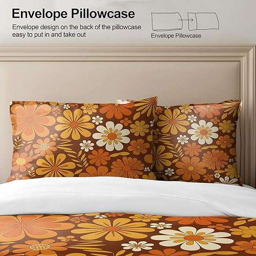 Miniatura 5 de Juego de funda de edredón floral retro tamaño Queen, juego de cama de flores de los años 70, funda de edredón floral marrón con 2 fundas de