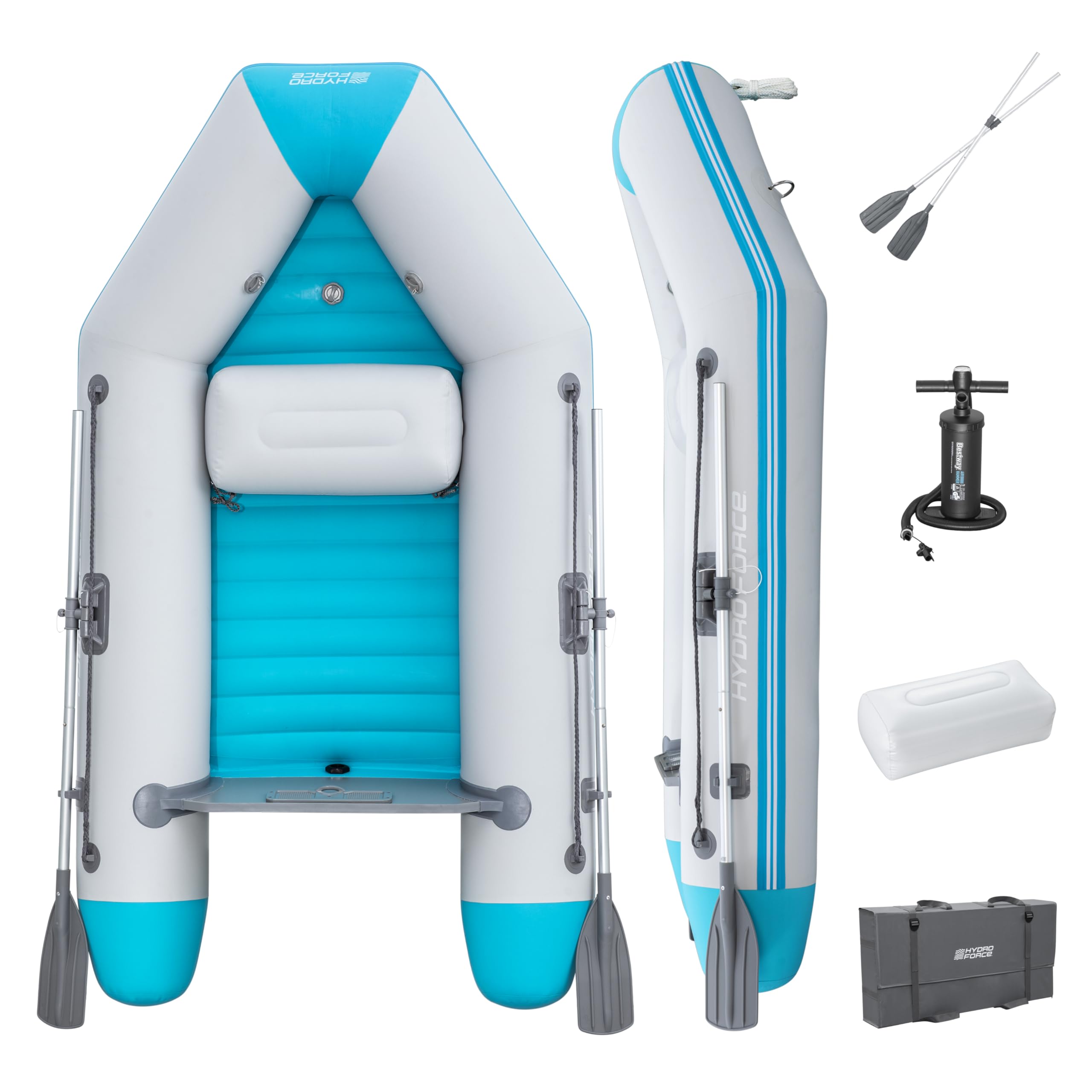 Bestway Hydro Force Sportboot Komplett-Set Corinth Elite, 230 x 130 x 33 cm, 2 Erwachsene, bis 280 kg, 3 Luftkammern, TriTech-Material, aufblasbarer Boden, Motorenhalterung, Ruder, Pumpe, Tasche