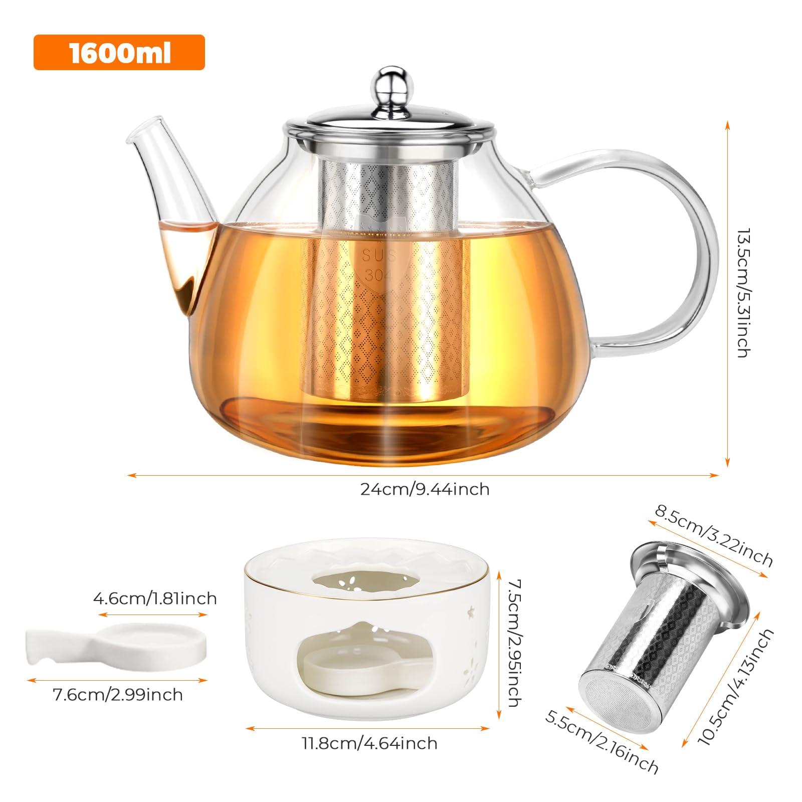 1.6L Teekanne mit Stövchen, Teekanne mit Siebeinsatz, Teekanne Glas Borosilikatglas mit Keramik Teekanne Wärmer, Borosilikatglas Glaskanne für Home Cafe Teemilch