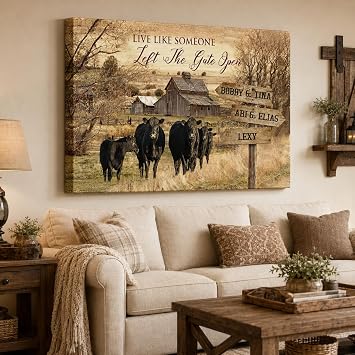 Barn Pictures Wall Art - Farmhouse Cow Canvas Wall Decor, Barn Personalized Name Sign Canvas Prints for Home Decor Gifts, Custom Poster, Customizable Family Couple Name Canvas Framed 18x24 Inches