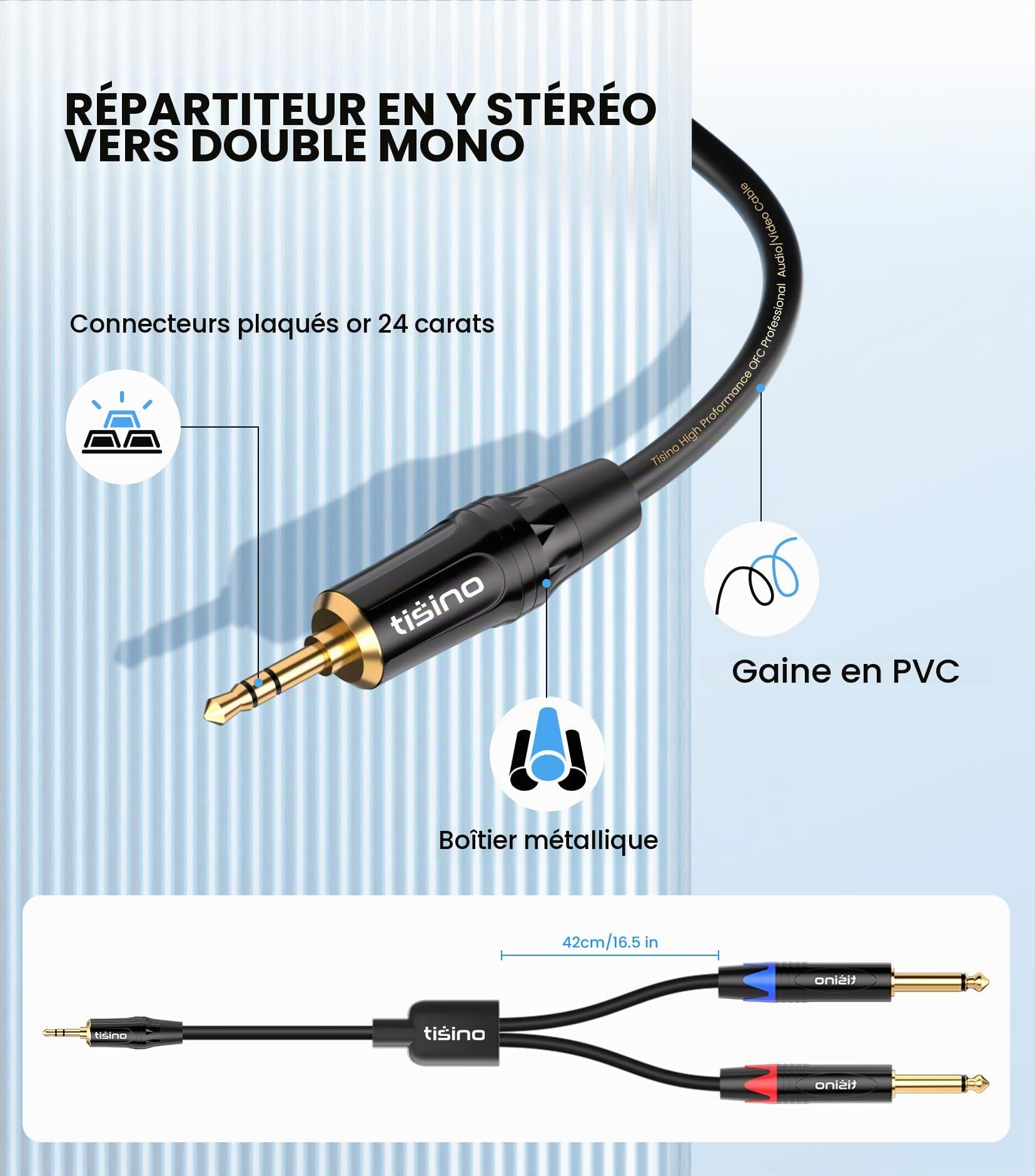 Tisino Câble stéréo 3,5 mm vers 6,35 mm, mini jack TRS stéréo vers double TS mono 6,35 mm, câble audio répartiteur en Y, câble audio auxiliaire vers jack – 3 m