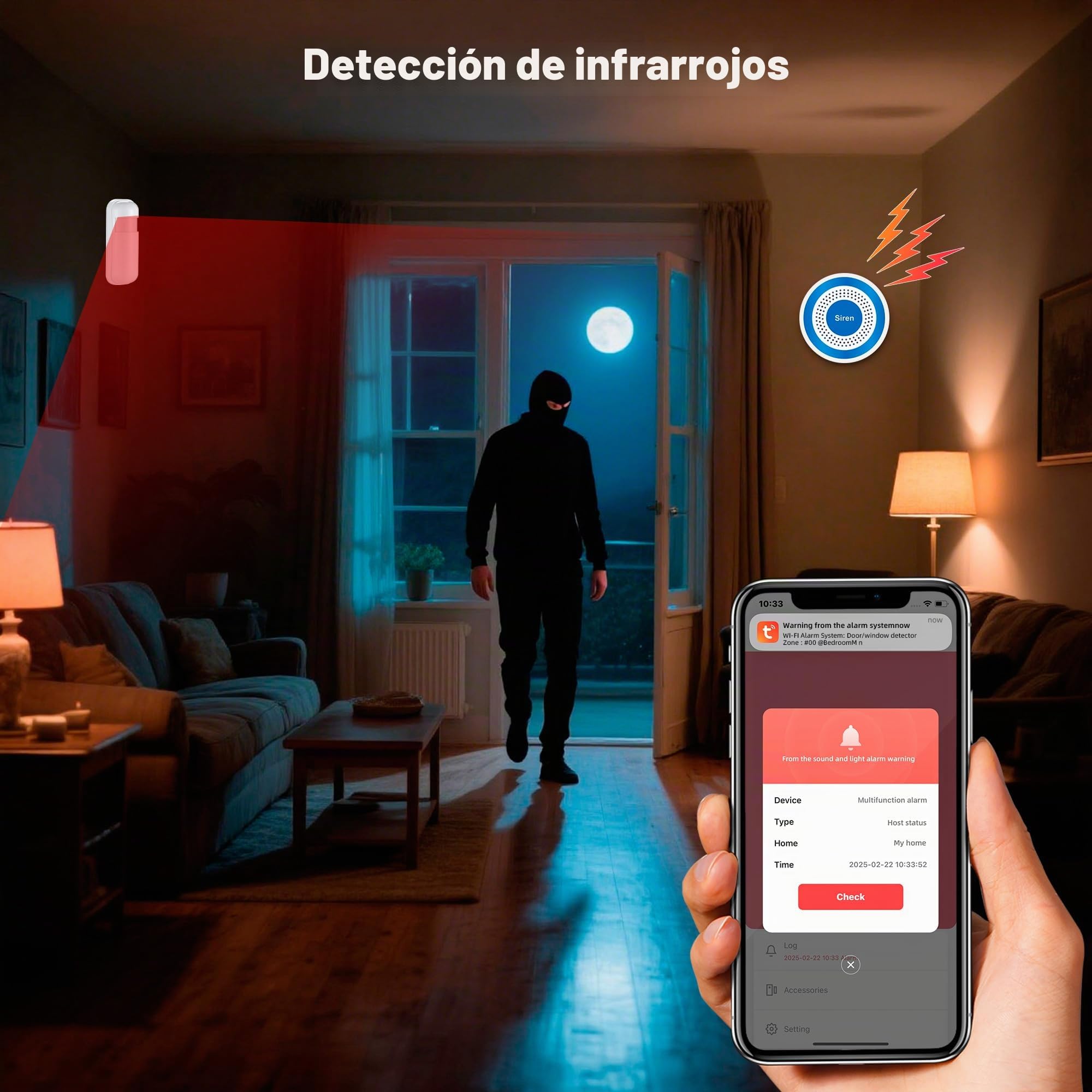 Sistema de Alarma WiFi Inteligente para el Hogar 120 dB con Sensor de Puerta, Detector de Movimiento, Control Remoto y Notificaciones por App – Sistema Antirrobo para Casa, Garaje (Kit de 5 Piezas)
