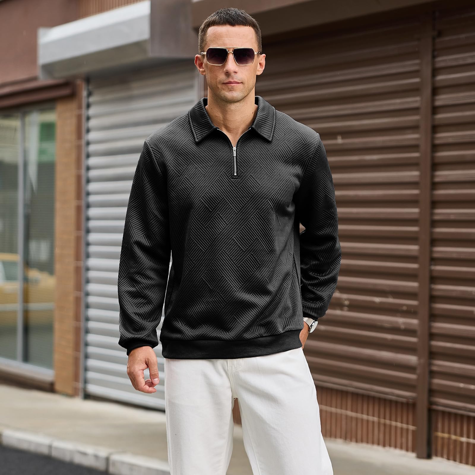 Pull Homme Hiver Zippé Sweat Shirt 1/4 Zip sans Capuche Polo Manches Longues Casual Sweatshirts M-3XL