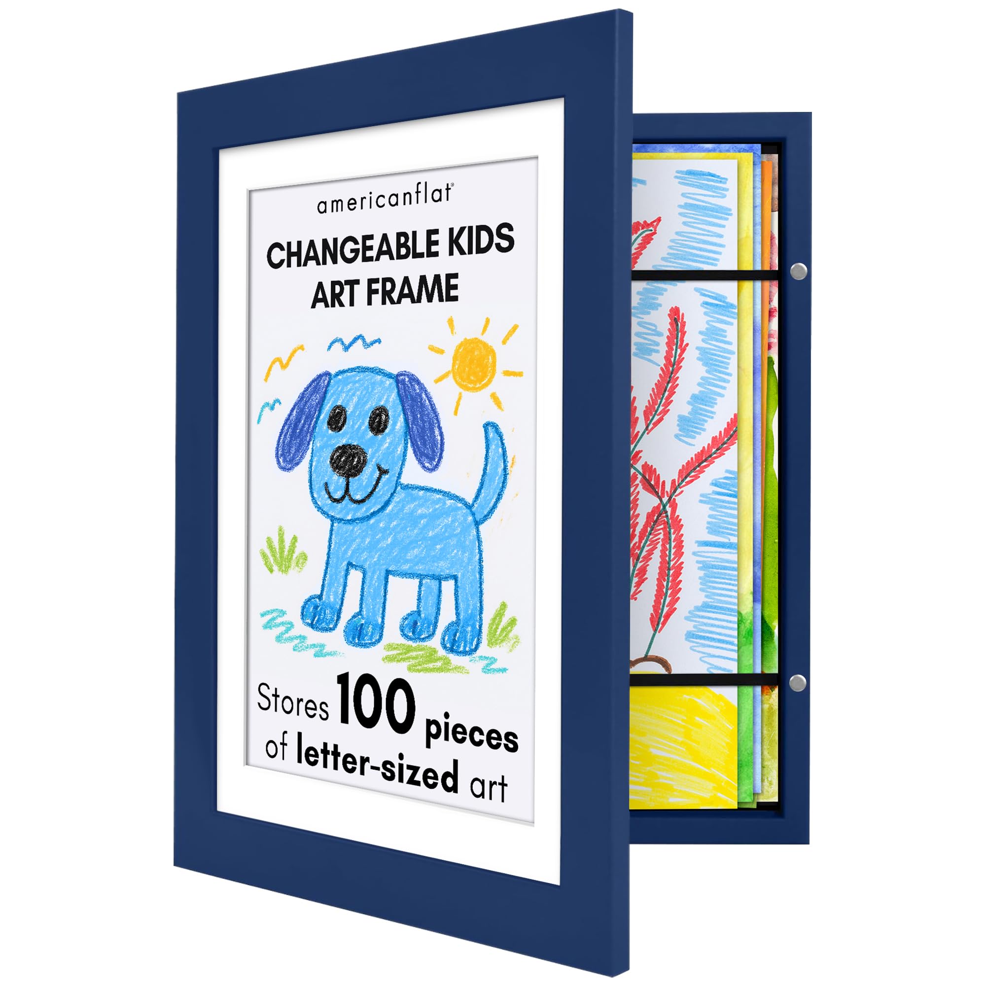 Americanflat My Mini Masterpiece Cadre photo pour enfants de 25,4 x 31,8 cm à chargement frontal – Peut contenir 100 œuvres d'art – Bleu marine