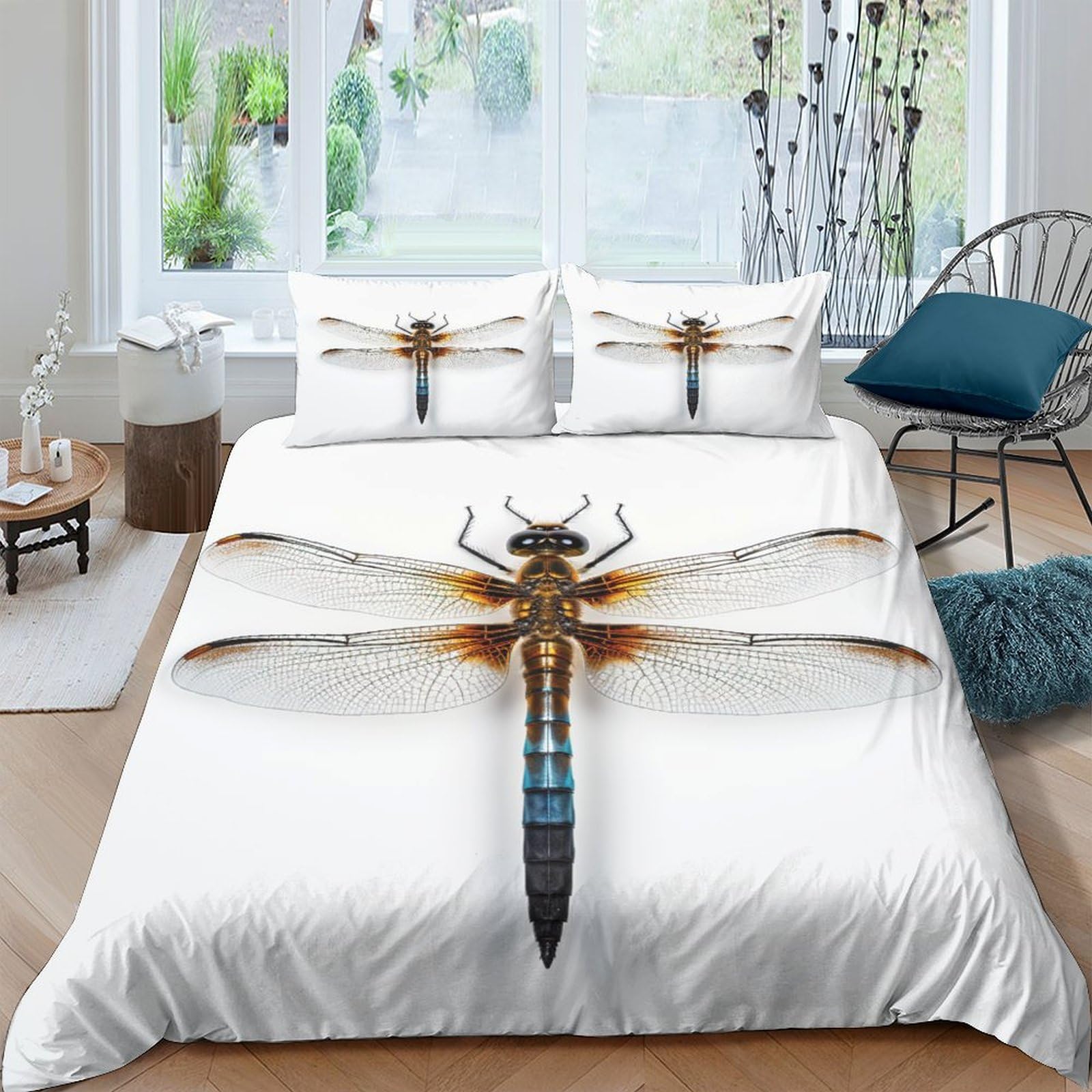 Parure de lit 3 pièces motif libellules 3D avec housse de couette douce