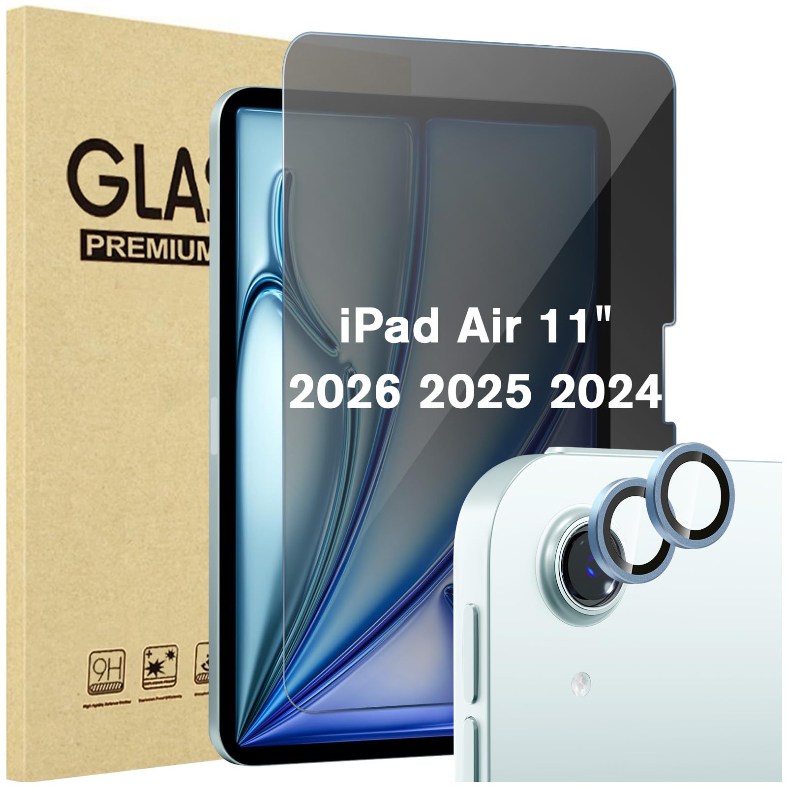 ProCase 1 Pack Privacy Screen Protector + 2 Pack Camera Lens Protector for iPad Air 11 inch (M4) 2026 / 7th (M3) 2025 / 6th (M2) 2024, Anti-Spy Tempered Glass Film for iPad Air 11" -Blue