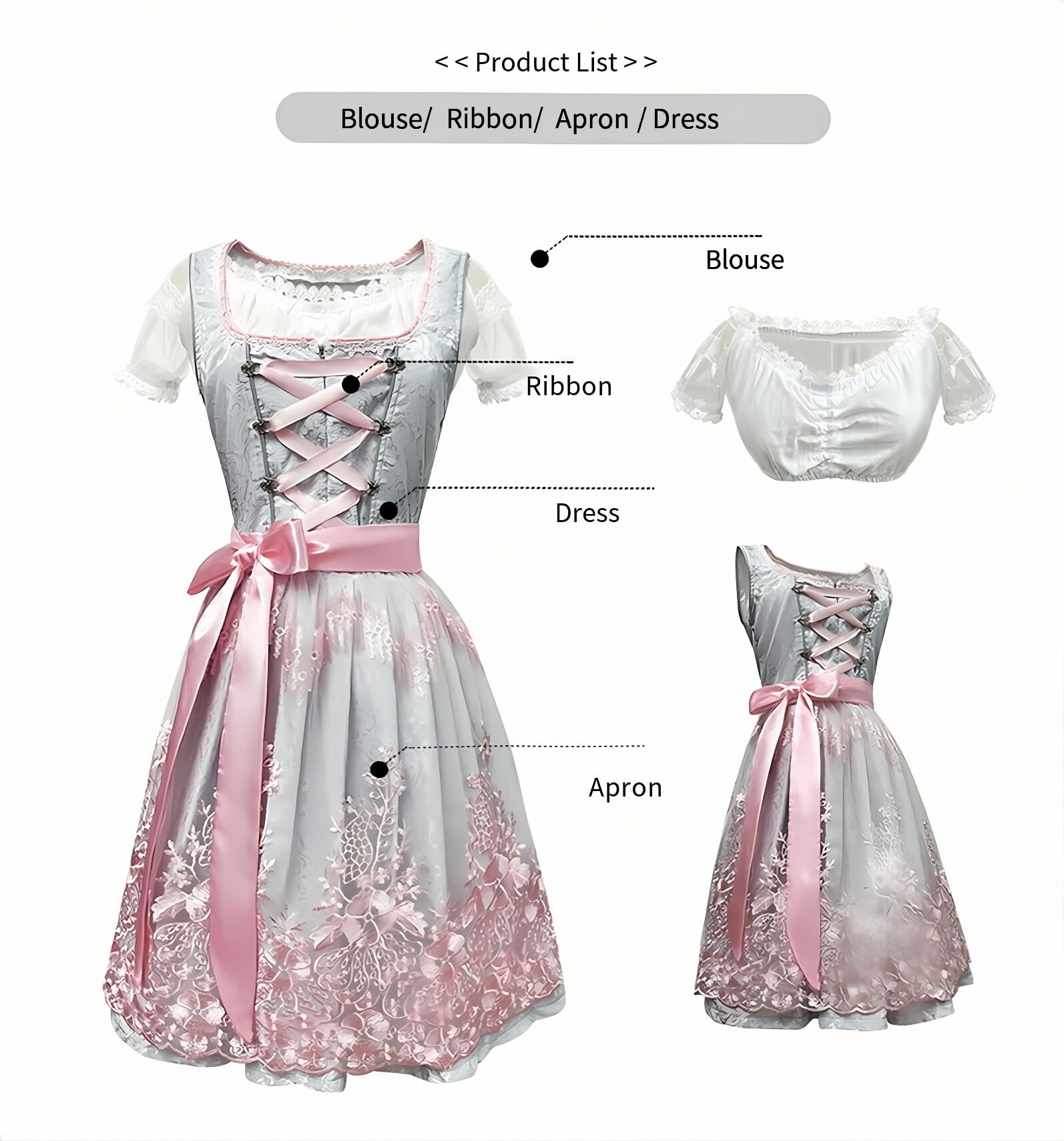 Dirndl Damen midi Trachtenkleid Damen Dirndlkleid mit Spitze Trachtenmode inkl. Dirndlbluse Dirndlschürze 3 teilig für Oktoberfest Karneval