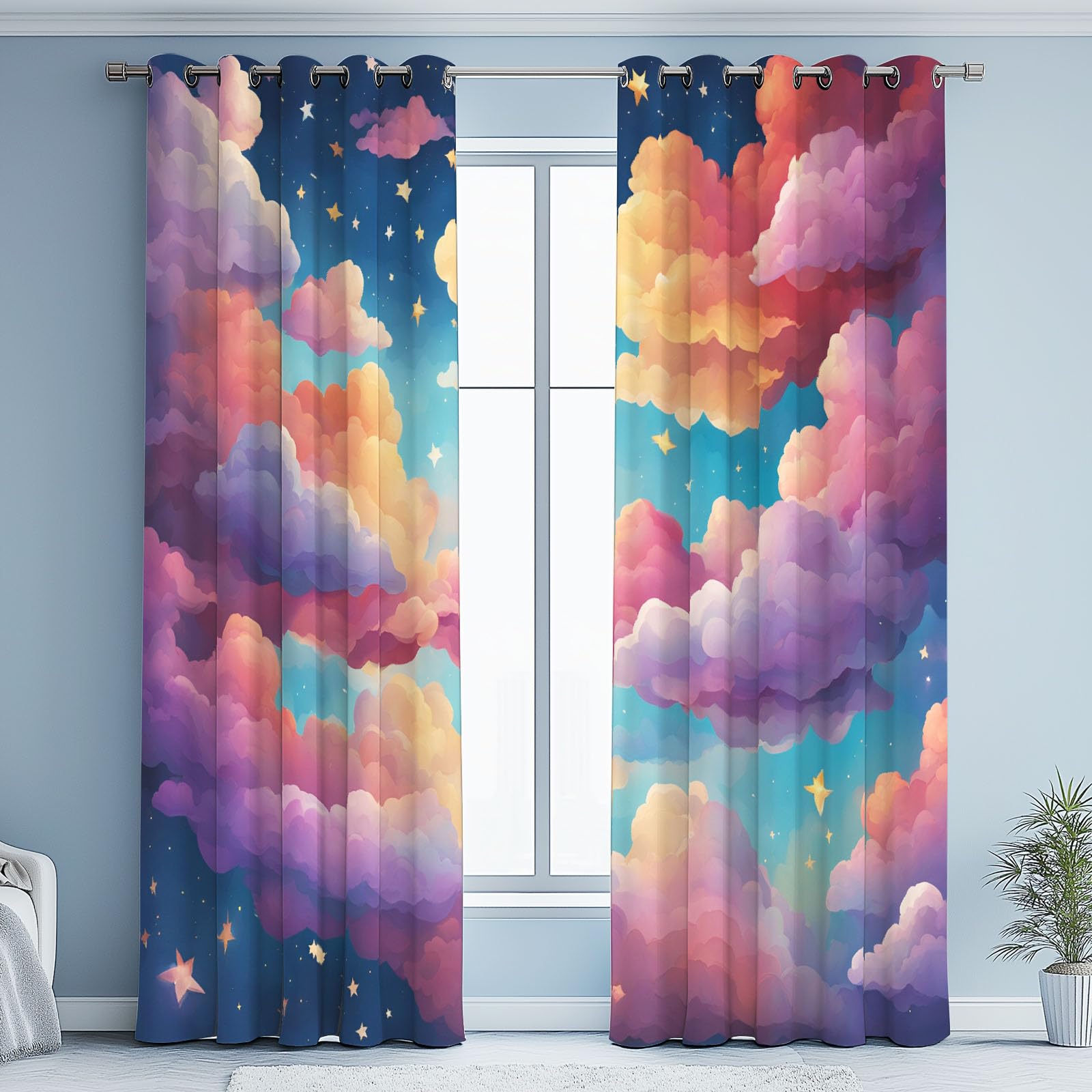 Rideaux Occultant À Oeillets Colorés Nuage Lot De 2 Fantaisie Enfant Rideau Thermiques Anti Froid Ciel Étoilé Rideau Opaque 140x145 cm pour Chambre Salon Chambre Bebe