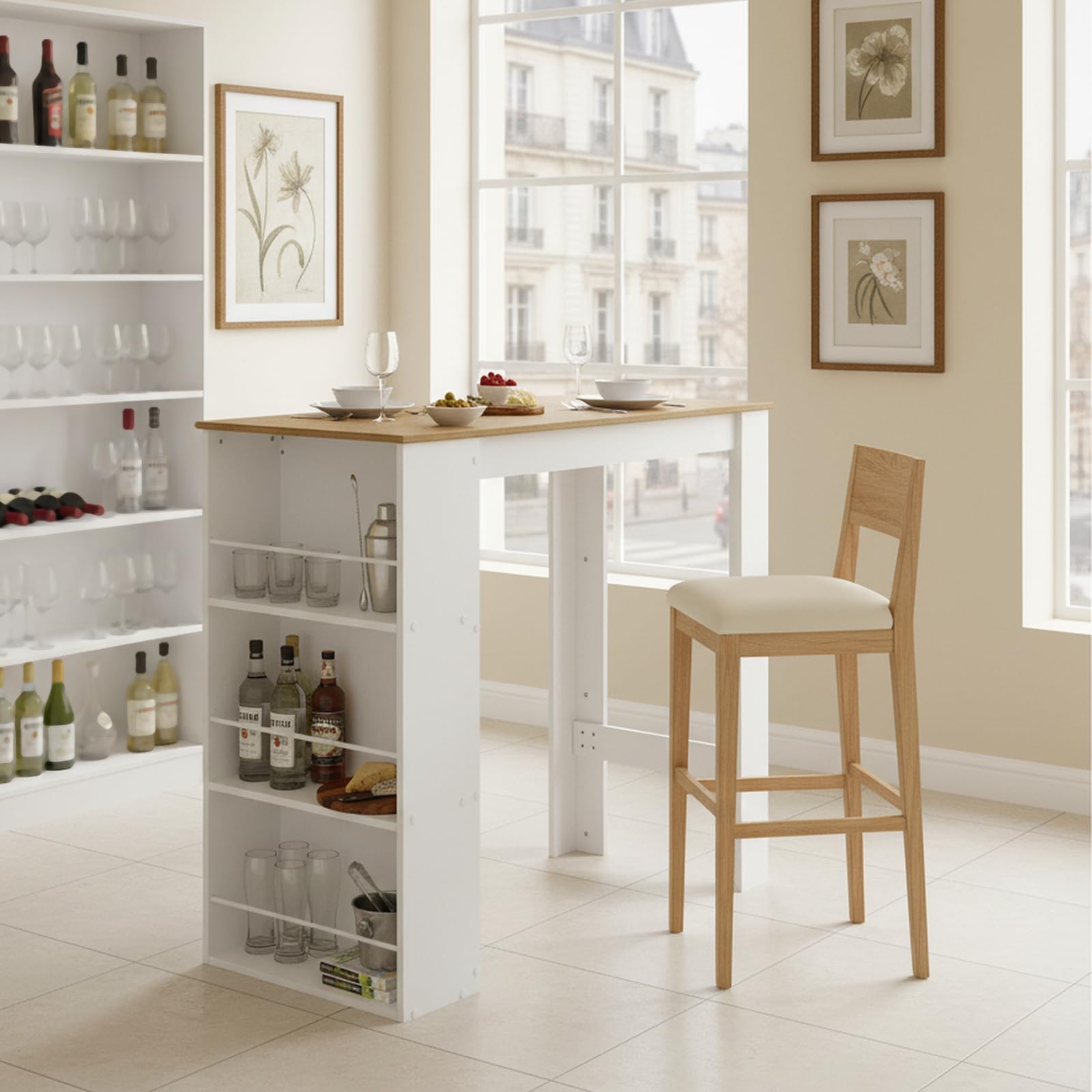 buybyroom Bartisch mit Stauraum Bartisch Küche, Stehtisch Bartheke für Bar Küche Wohnzimmer Esszimmer, 112×57×106cm, Weiß + Dunkle Eiche