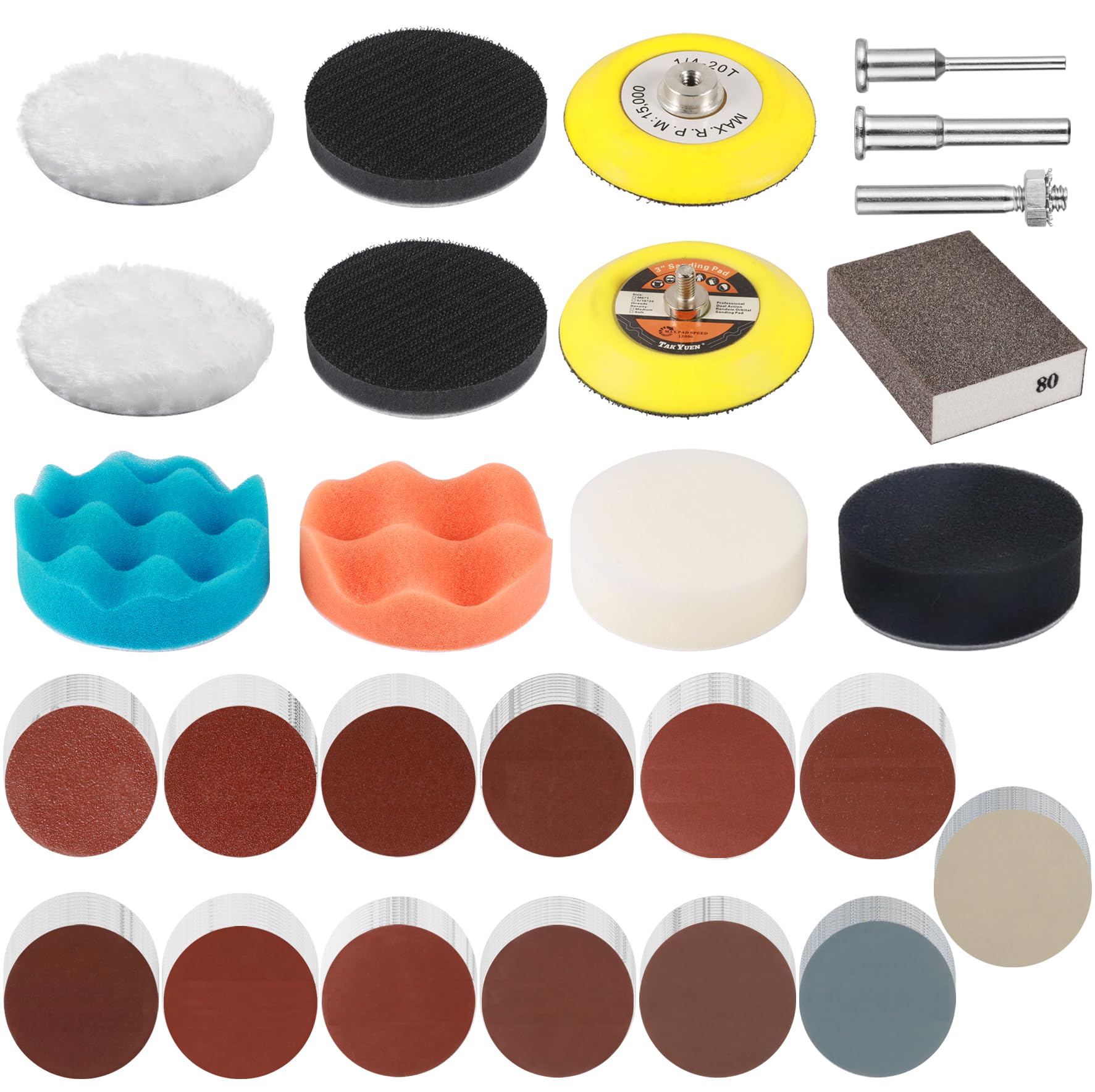 Celepoir 142 Pcs 3 Inch Car Headlight Restoration Kit, 75mm Sanding Discs, Polishing Pads for Drill, 40 to 5000 Grits Wet Dry Sandpaper with 1/8" 1/4" Backer Plate Shank, for Auto, Wood and Metal