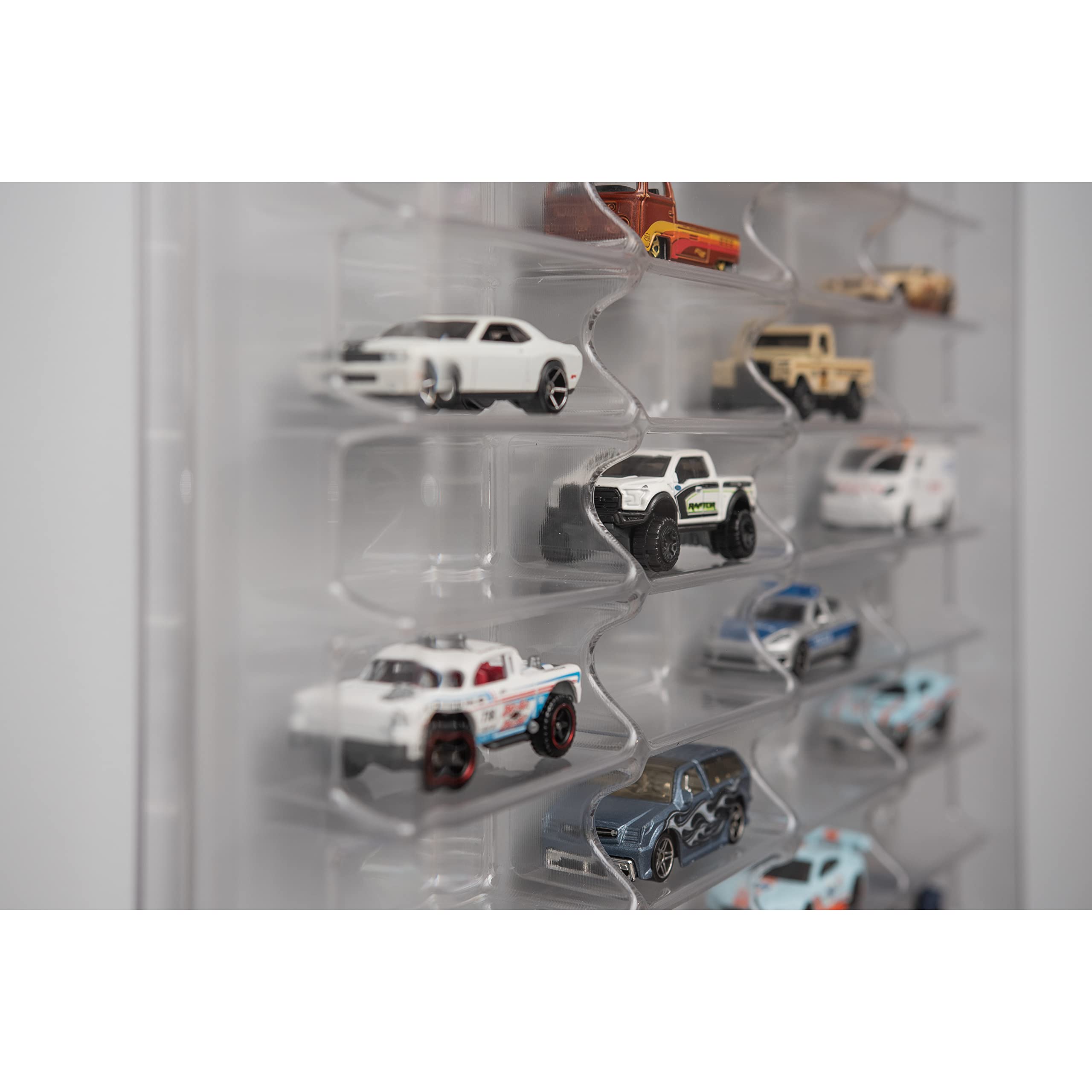 KB Tools Vitrinekast voor Hot Wheels met doorzichtige afdekking - speelgoedopbergplanken met 60 sleuven - duurzame robuuste kunststof kubus opbergdoos - modern design en kleuren (zwart