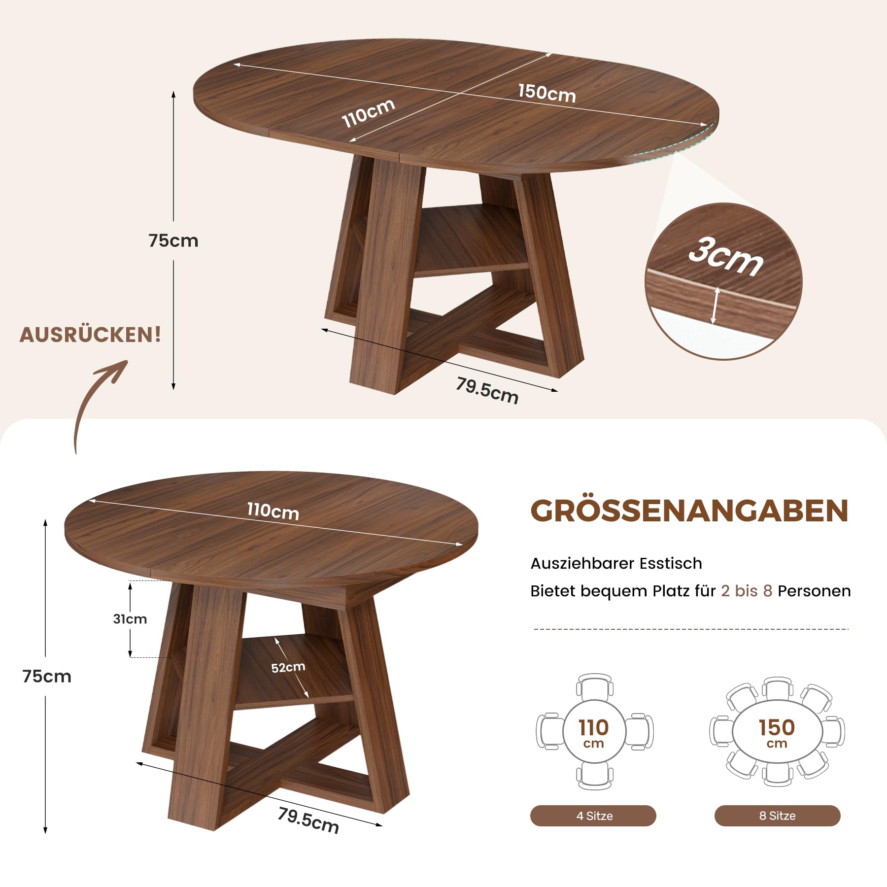 Hawthyhome rund Esstisch Ausziehbar für 4-8 Personen, 110-150cm Wohnzimmertisch Erweiterbar mit Teleskopfunktion, Platzsparender küchentisch Esszimmer Wohnzimmer, Modernes Industrie, Walnuss-Optik