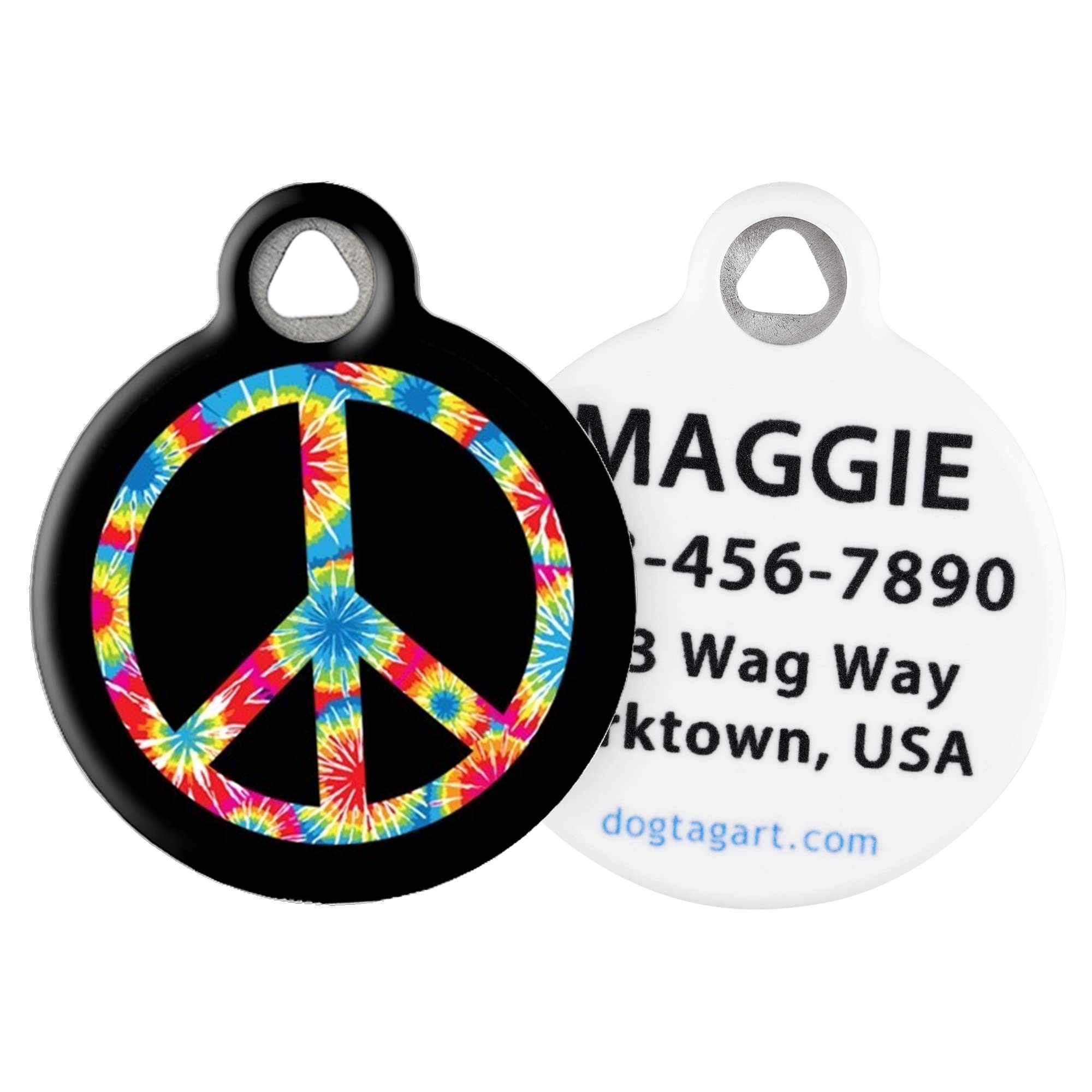 Dog Tag Art Tie Dye Peace Symbol Custom Pet ID Tag for Dogs and Cats, Silent Polymer Coated Stainless Steel Nametag - Large 1.25