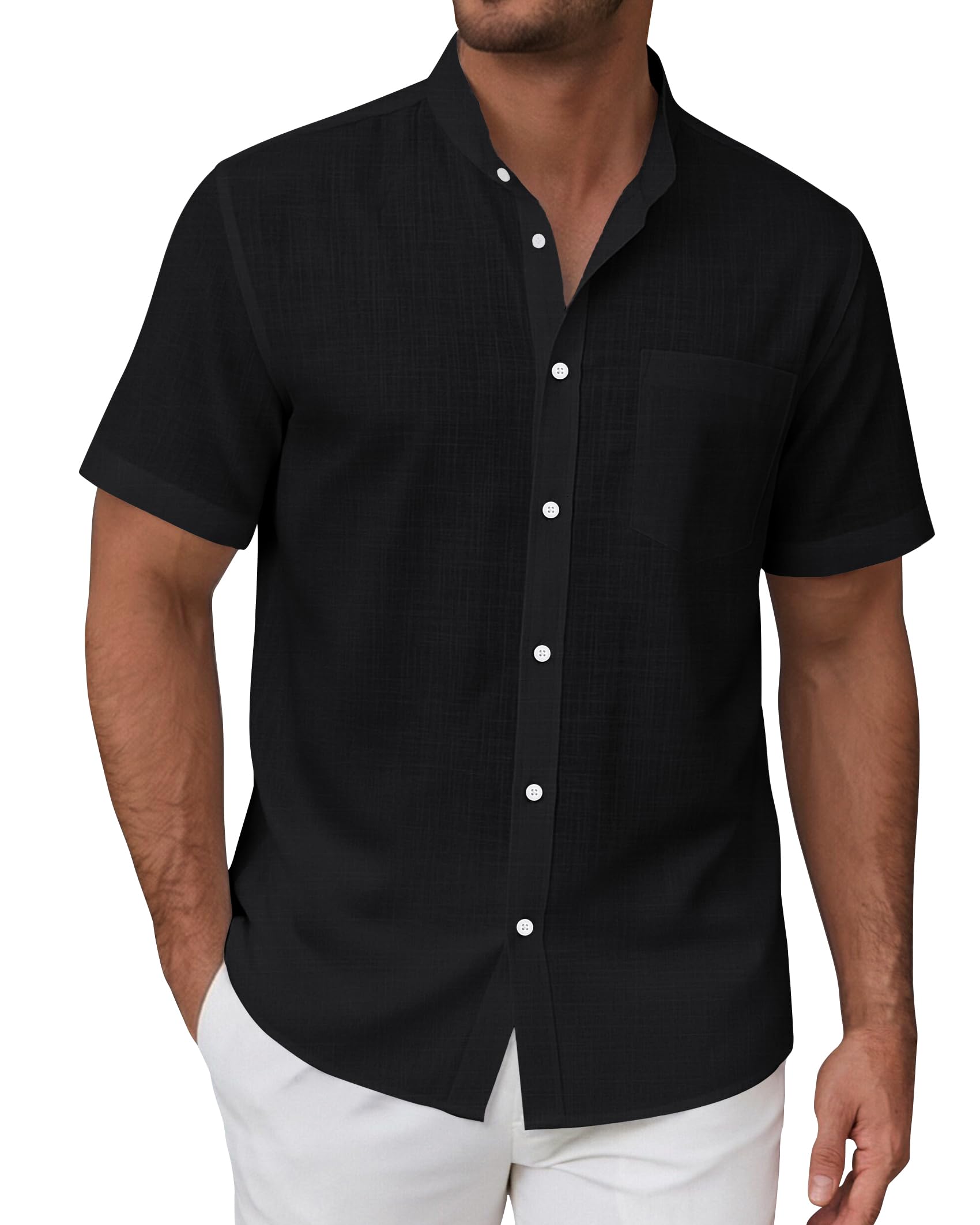 siliteelon Leinenhemd Herren Kurzarm Stehkragen Sommerhemd Freizeithemd Regular Fit Kragenloses Leinenshirt Standhemd