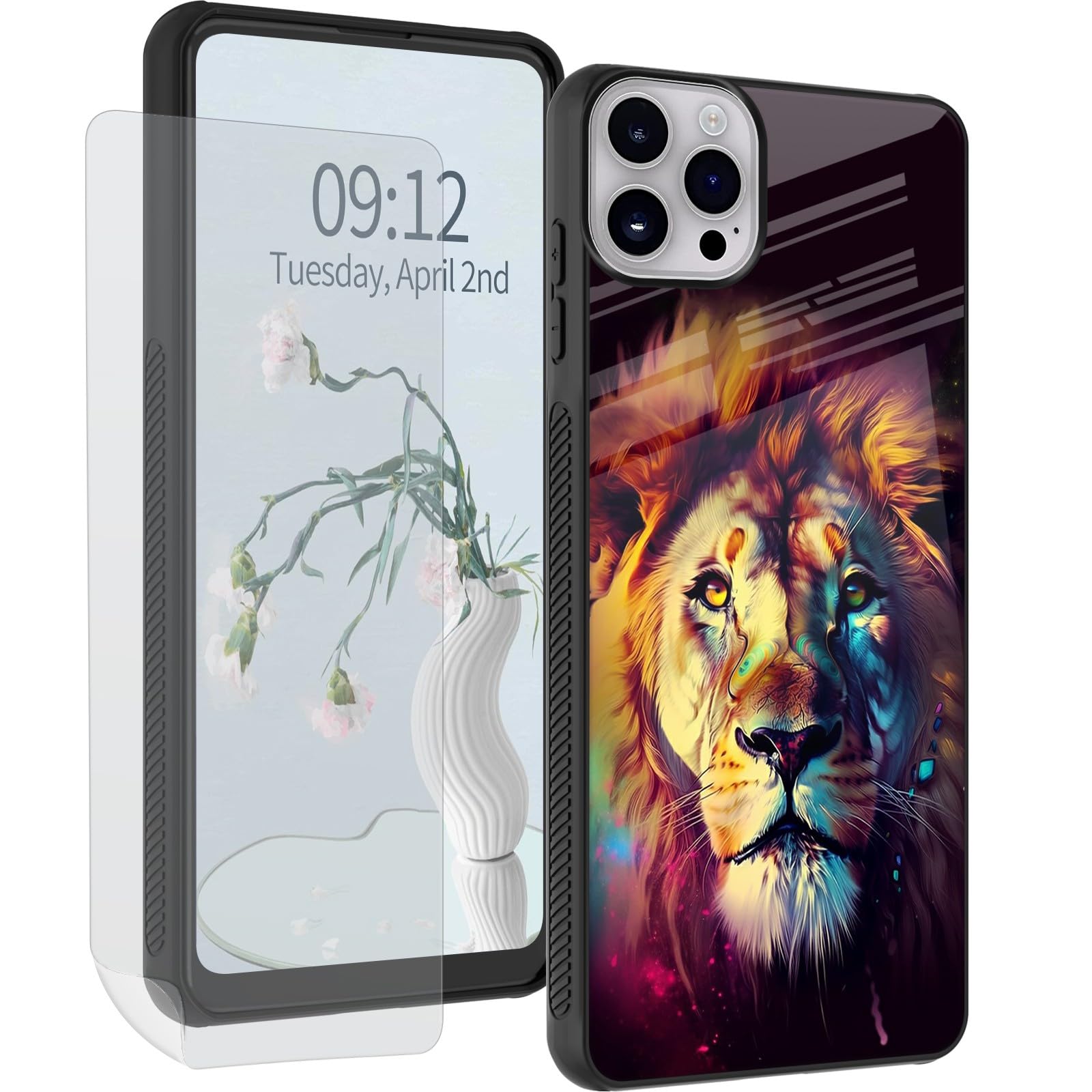 DHYYDSQZ for iPhone 16 Pro Phone Case with Screen Protector Art Lion Design for Women Men Slim Tempered Glass Back Cover Soft TPU Shockproof