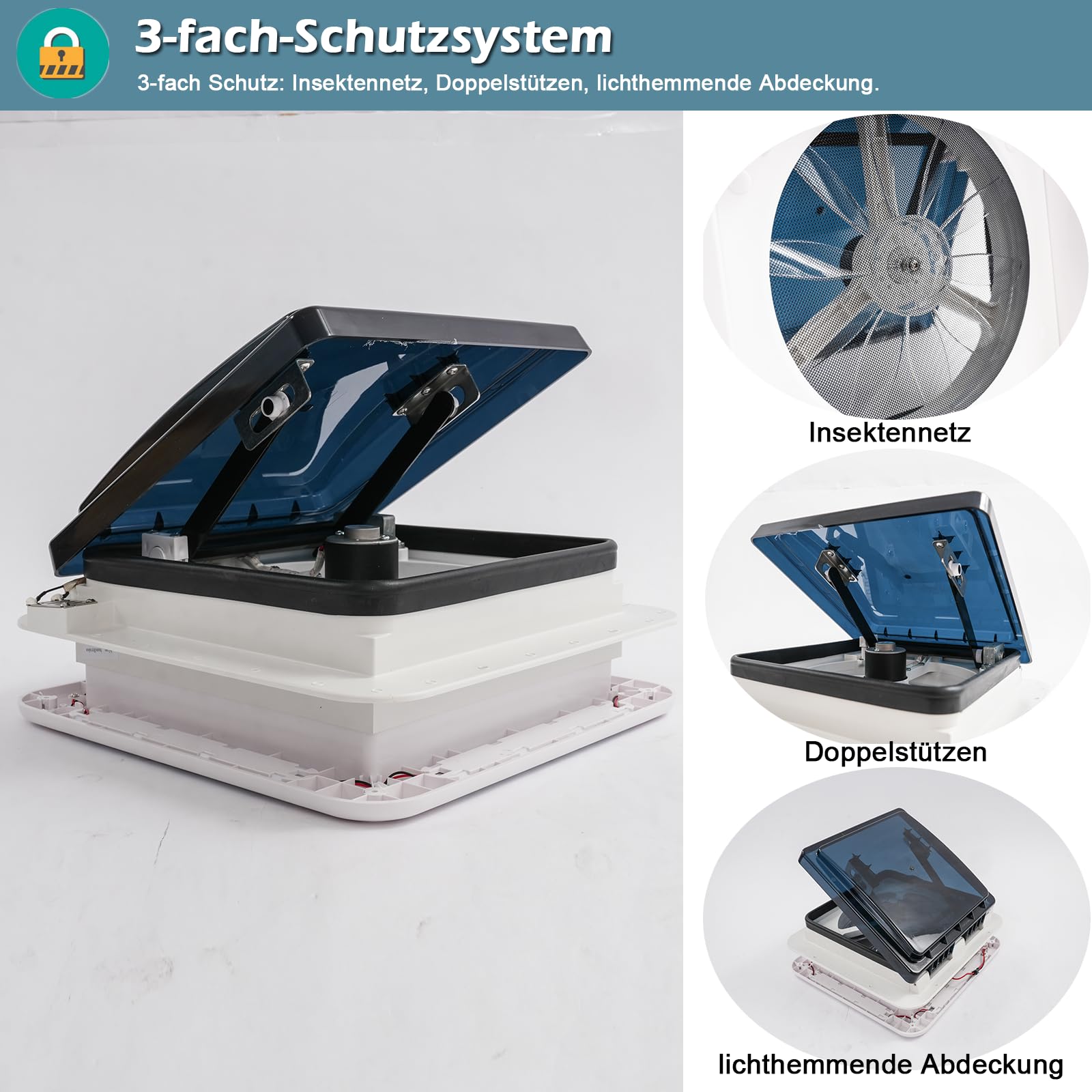 OUKANING Wentylator wyciągowy do przyczepy kempingowej z inteligentnym czujnikiem 12 V, 36 cm x 36 cm, automatyczny właz dachowy do przyczep kempingowych, 6 stopni nawiewu, wentylator dachowy z