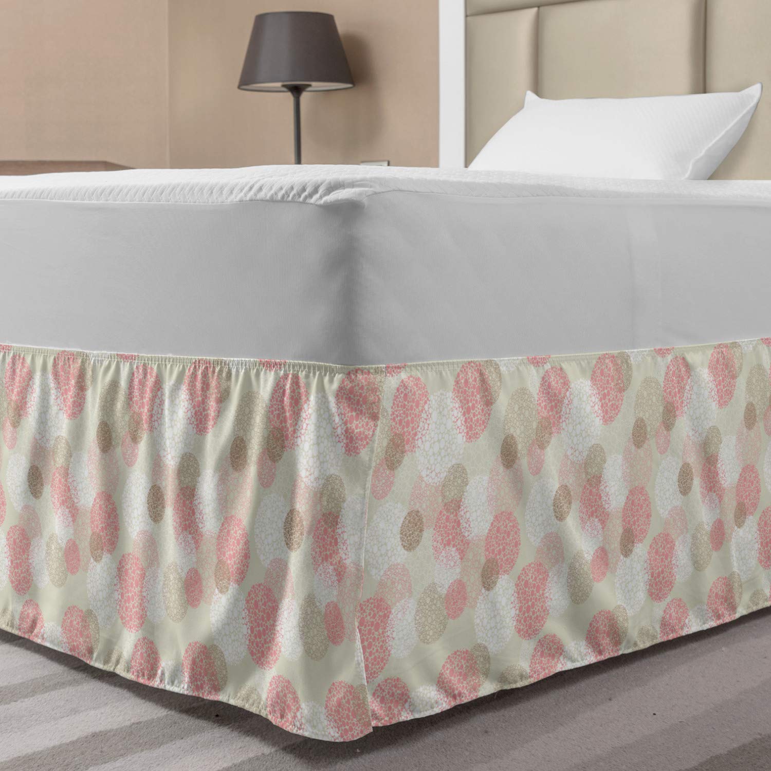 Lunarable Abstract Elastic Bed Skirt Surreal Circle Shapes Polkadots Romantic Feminine Pastel Color Wrap Around Fabric Bedskirt Dust