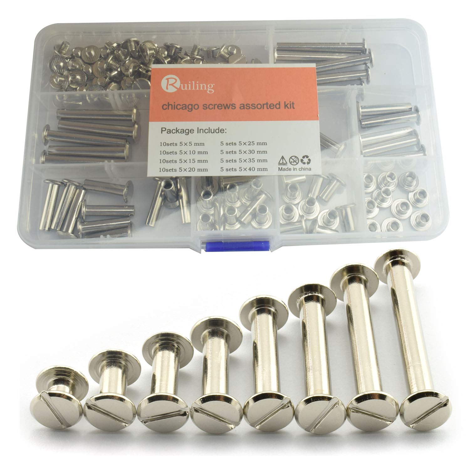 60 Sets Silver Chicago Screws Assorted Kit Screw Posts Metal Accessories Nail Rivet Chicago Button for DIY Leather Decoration Bookbinding Slotted Flat Head Stud Screw M5x 5/10/15/20/25/30/35/40mm