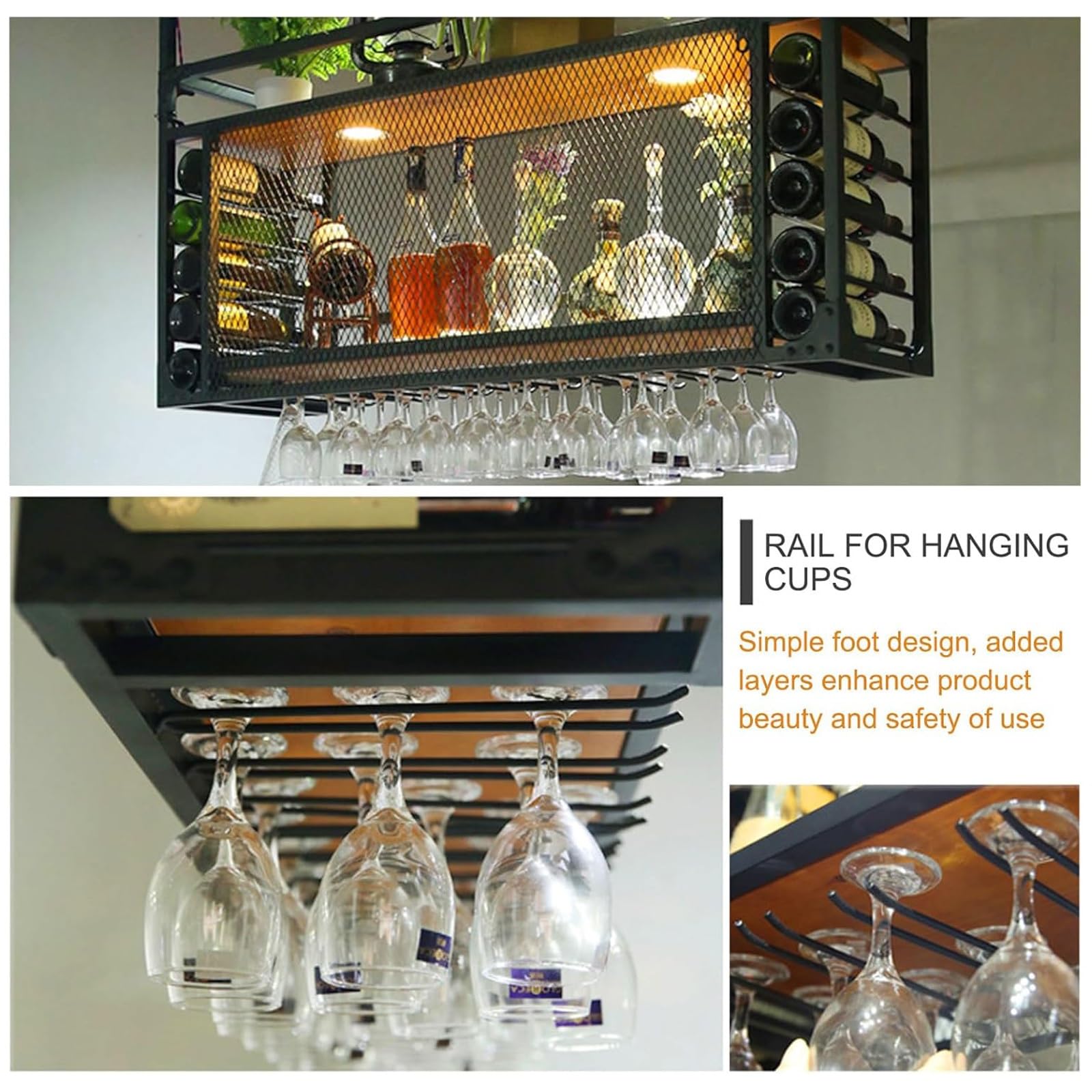 Botellero de vino con luz LED, montado en la pared, estante industrial de metal de 2 capas para el hogar, bar, cocina, cafetería, restaurante, sostiene vasos y botellas