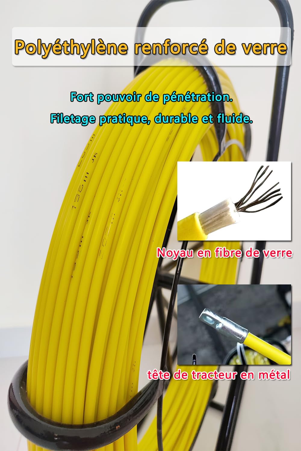 Ruban à Poisson en Fibre de Verre 200m 6mm - Aiguille Électricien pour Tirage de Câbles Électriques - Extracteur avec Bobine et Support Acier - Conçu pour Conduits Murs et Tuyaux Non Conducteurs【200m】