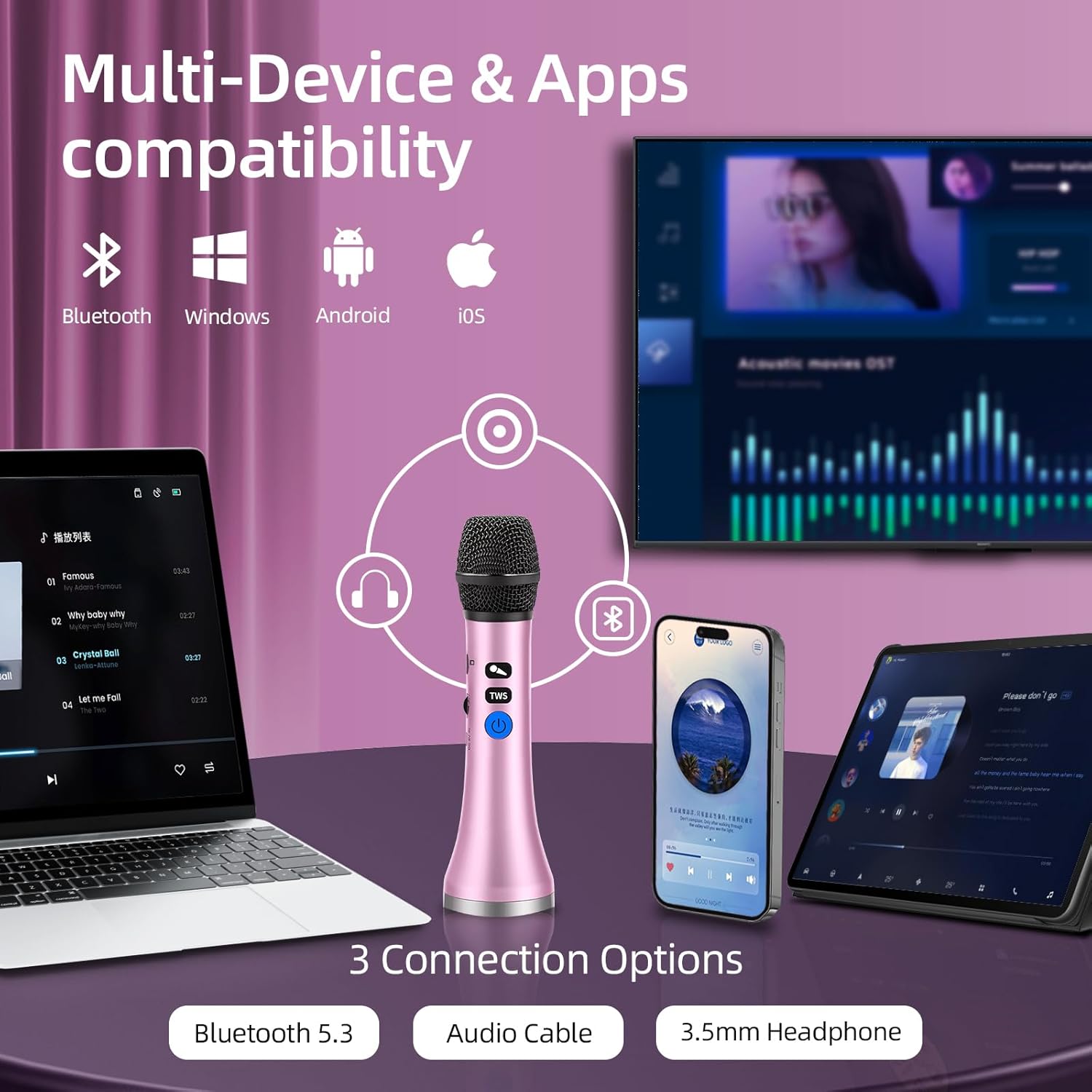 YF79 Wireless Bluetooth Microphone with 20W High Power, DSP Chip for Clear Sound, Dual Mic Connectivity for Duet Singing, One-Click Vocal Reduction for Karaoke, Portable Design with Loud Volume(Pink)