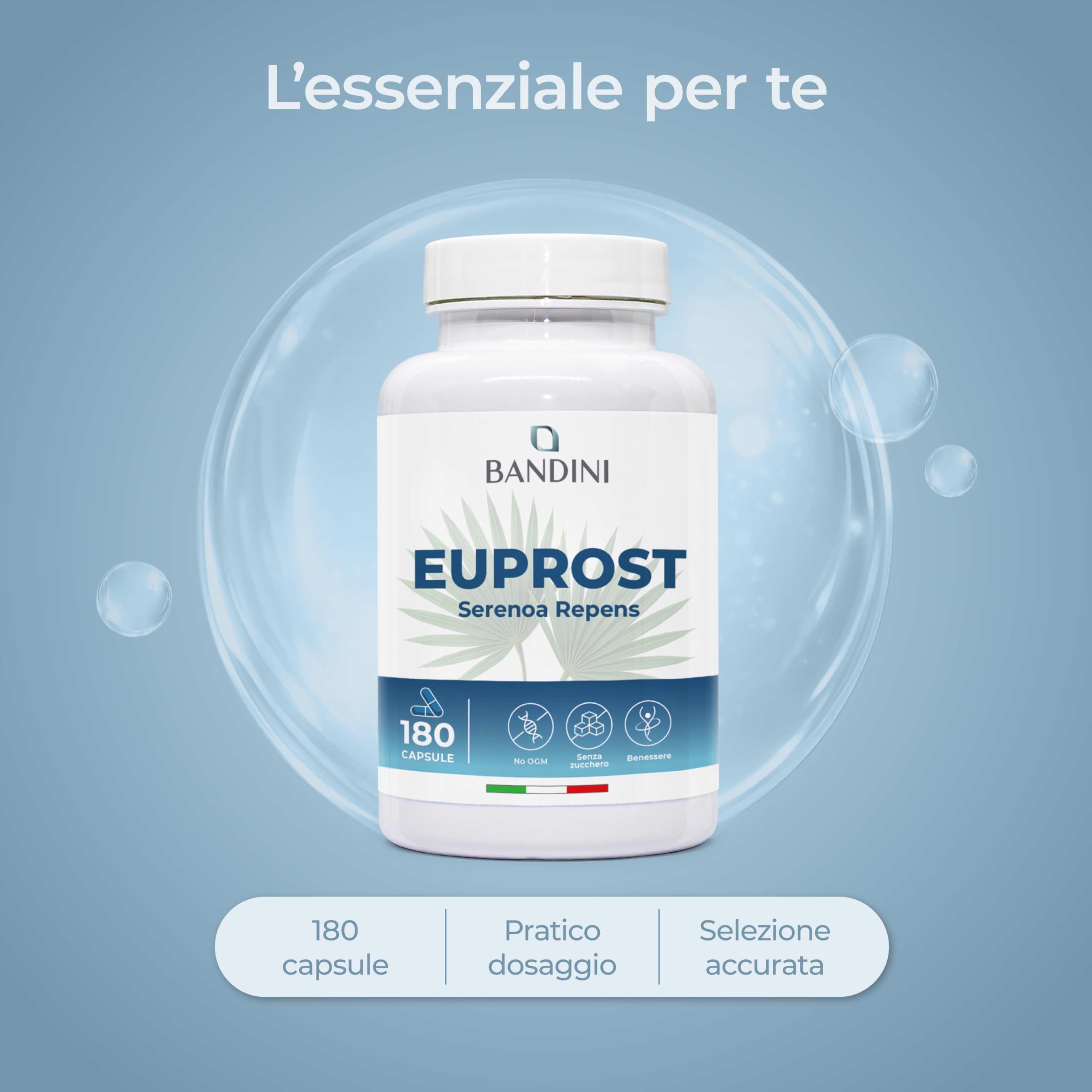 Bandini® Euprost Serenoa Repens 180 Capsule | Scorta 6 Mesi | Saw Palmetto, Semi di Zucca, Ortica, Zinco, Vitamina D3 e B6 | Estratto 20:1 standardizzato al 30% in acidi grassi | Integratore per Uomo