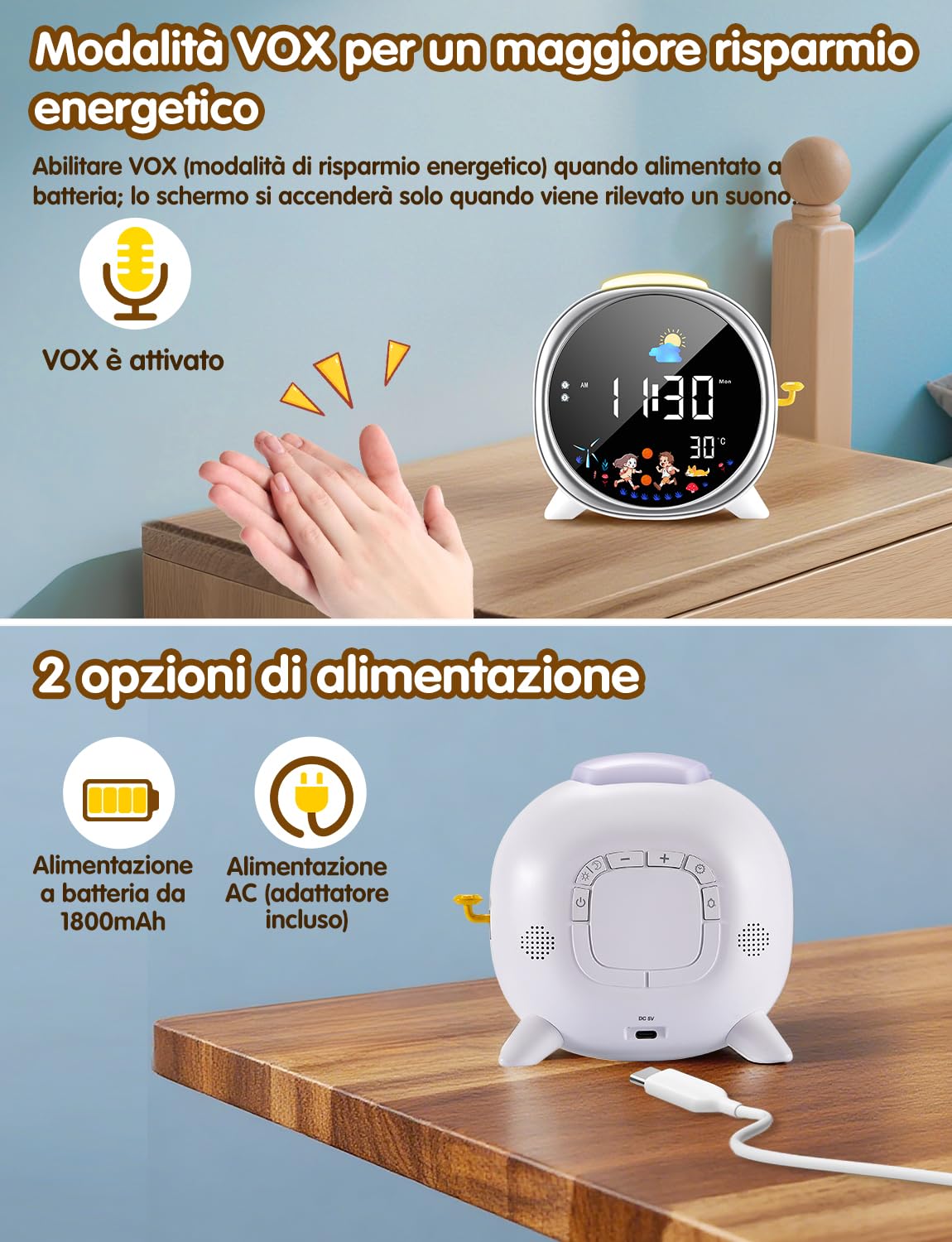 LIORQUE Sveglia Digitale per Bambini, Sveglia Bambini, 5 Suoni, Luce Notturna Regolabile, Display LCD con Modalità Sole e Luna, Doppia Allarme, Alimentazione USB, per Bambini e Bambine