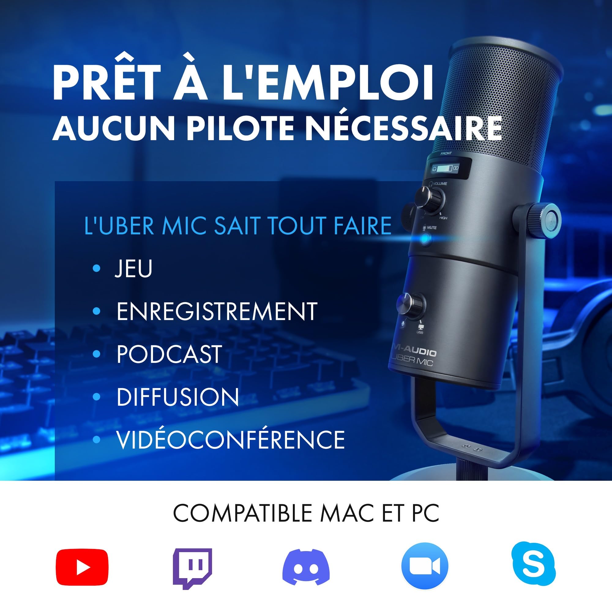 M-AUDIO Uber MIC Microphone USB à Condensateur pour Gaming, Streaming, Podcast, Enregistrement avec 4 Directivités, Bouton Sourdine, Sortie Casque