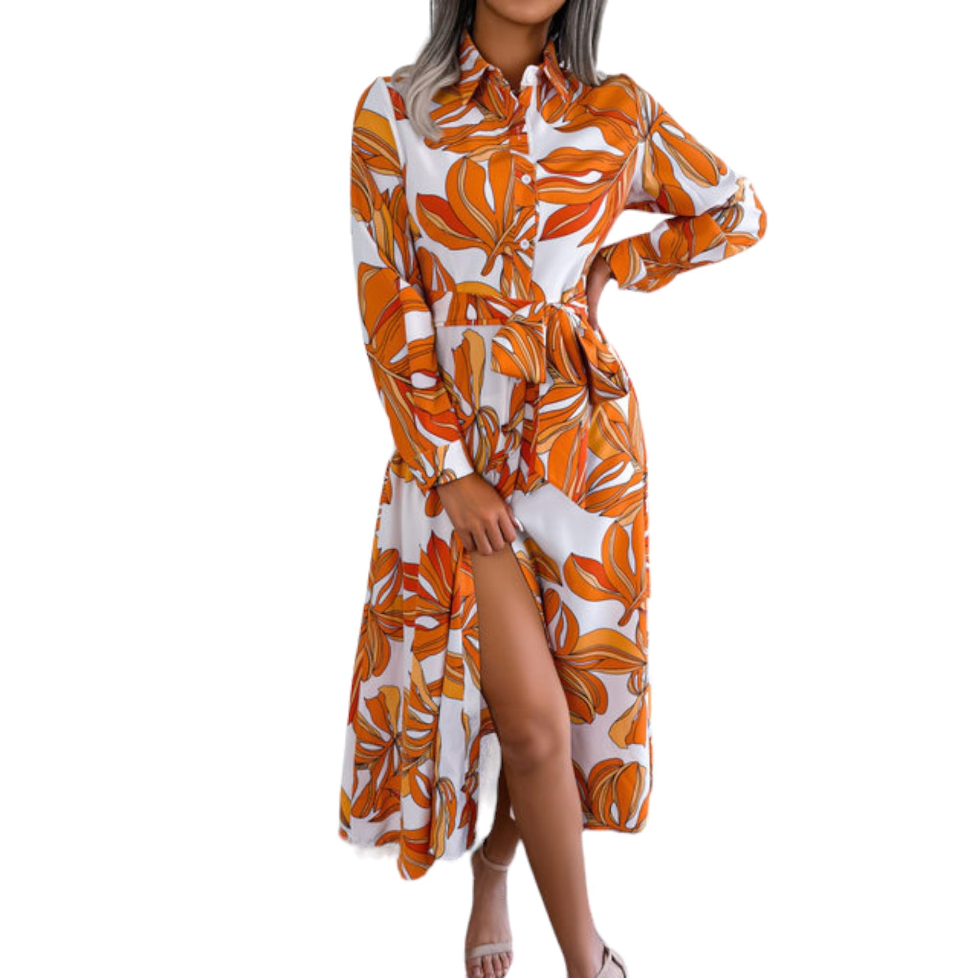Gufrina Women's Crepe Midi Dress With Full Sleeves Floral Printed Collar Neck Maxi Length Regular Fit And A Line Style Orange