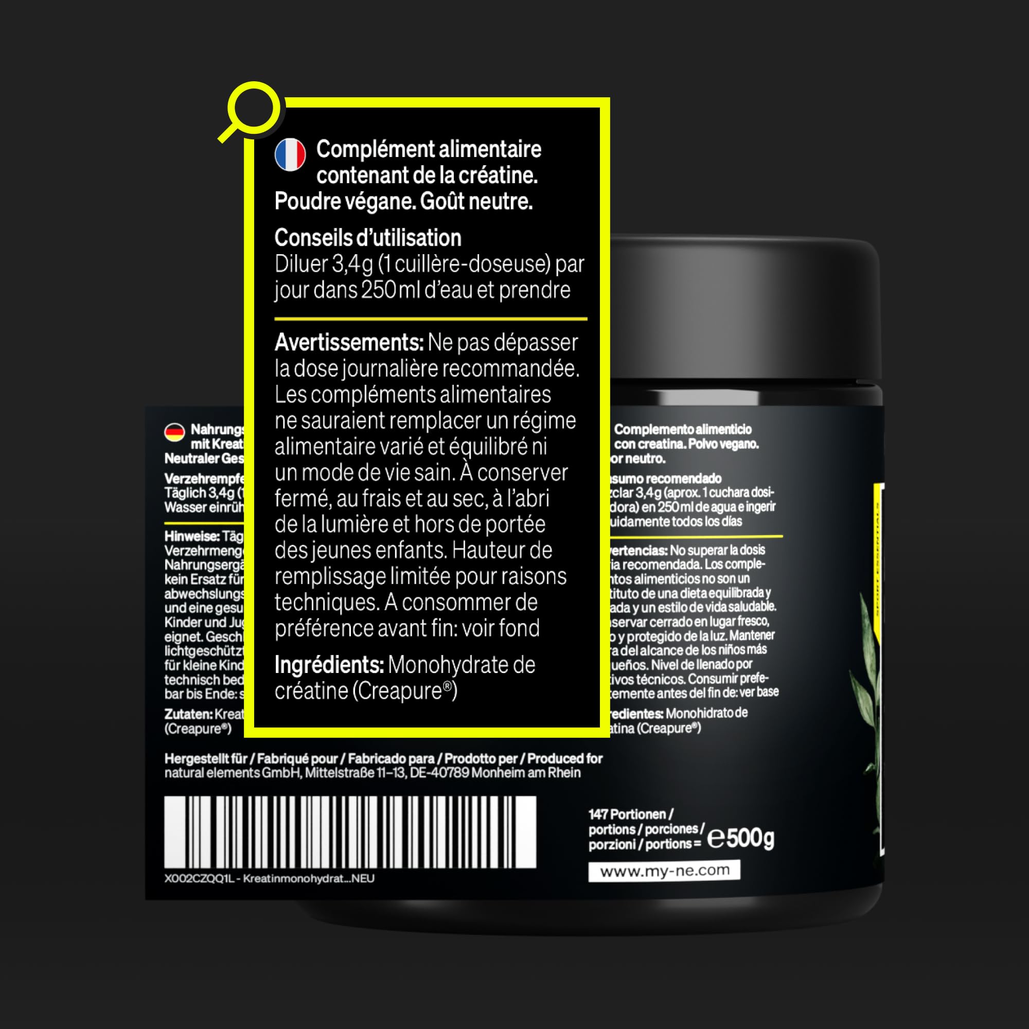 Créatine Monohydrate Creapure 500g, Poudre 100% Pure, Augmentation & Force Musculaire, 147 Portions, Ultra Fine Facteur De Maille 200, Goût Neutre, 100% Vegan, Sans Additifs Inutiles