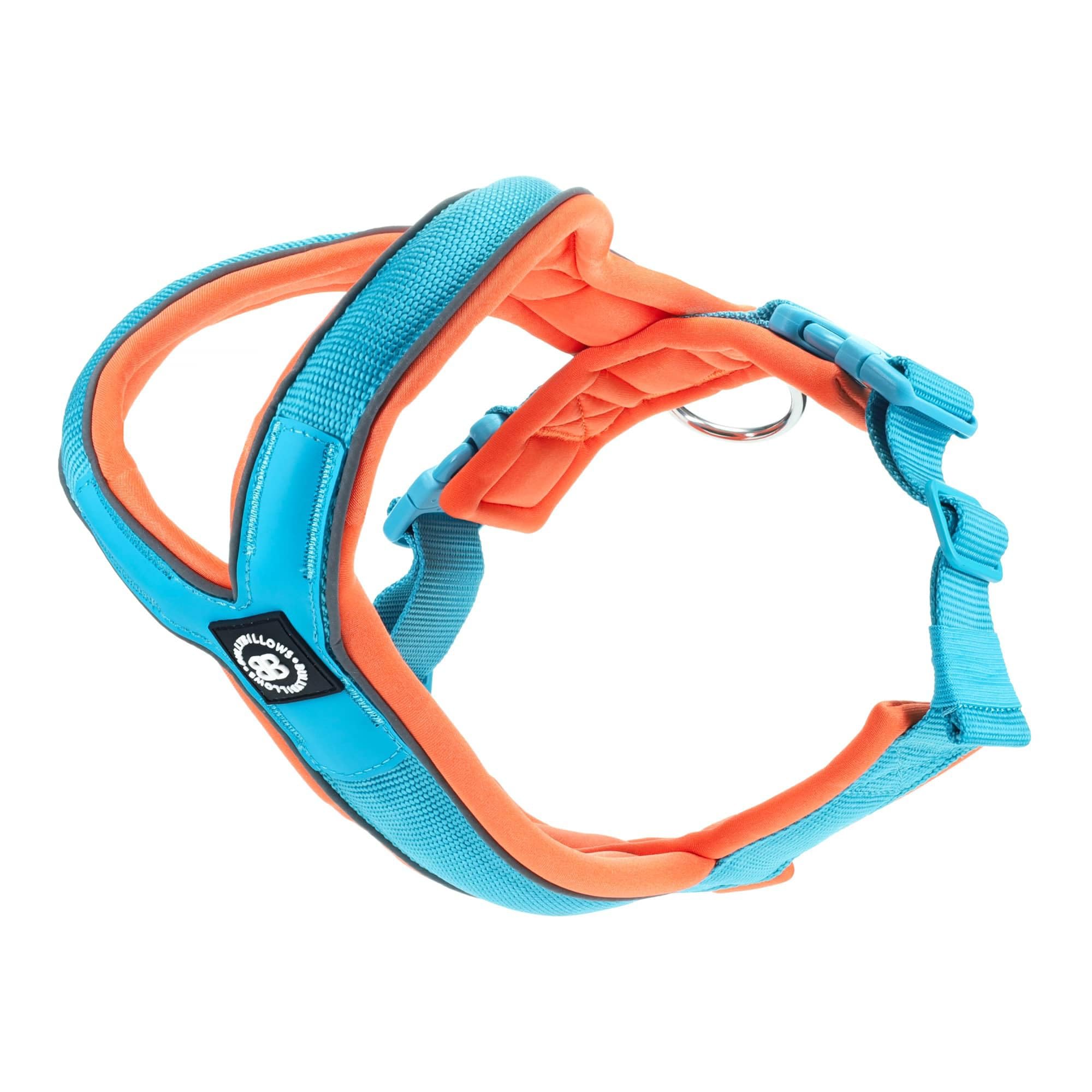 BullyBillows Slip-On Dog Harness - Foam Padded, Neoprene-Lined, Adjustable, Non-Restrictive Y-Shape with Reflective Strips & Stainless Steel D-Loop |Blue-Orange | X Small