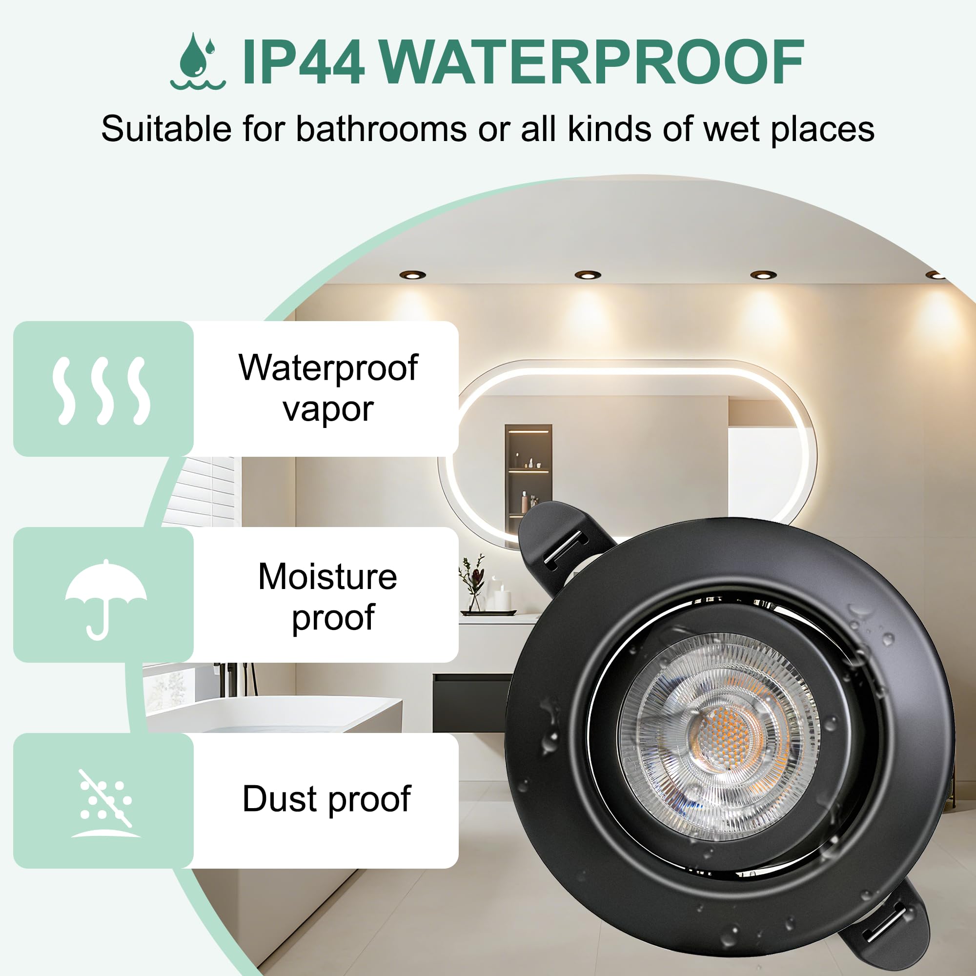 Downlight LED Techo Empotrable Regulable 230V, 5.5W 600LM IP44 Ojos de Buey Ultrafino 68mm, 45° Rotable Focos LED Interior Techo 2700K Blanco Calido Foco Empotrable para Baños, Negro 6 Pack