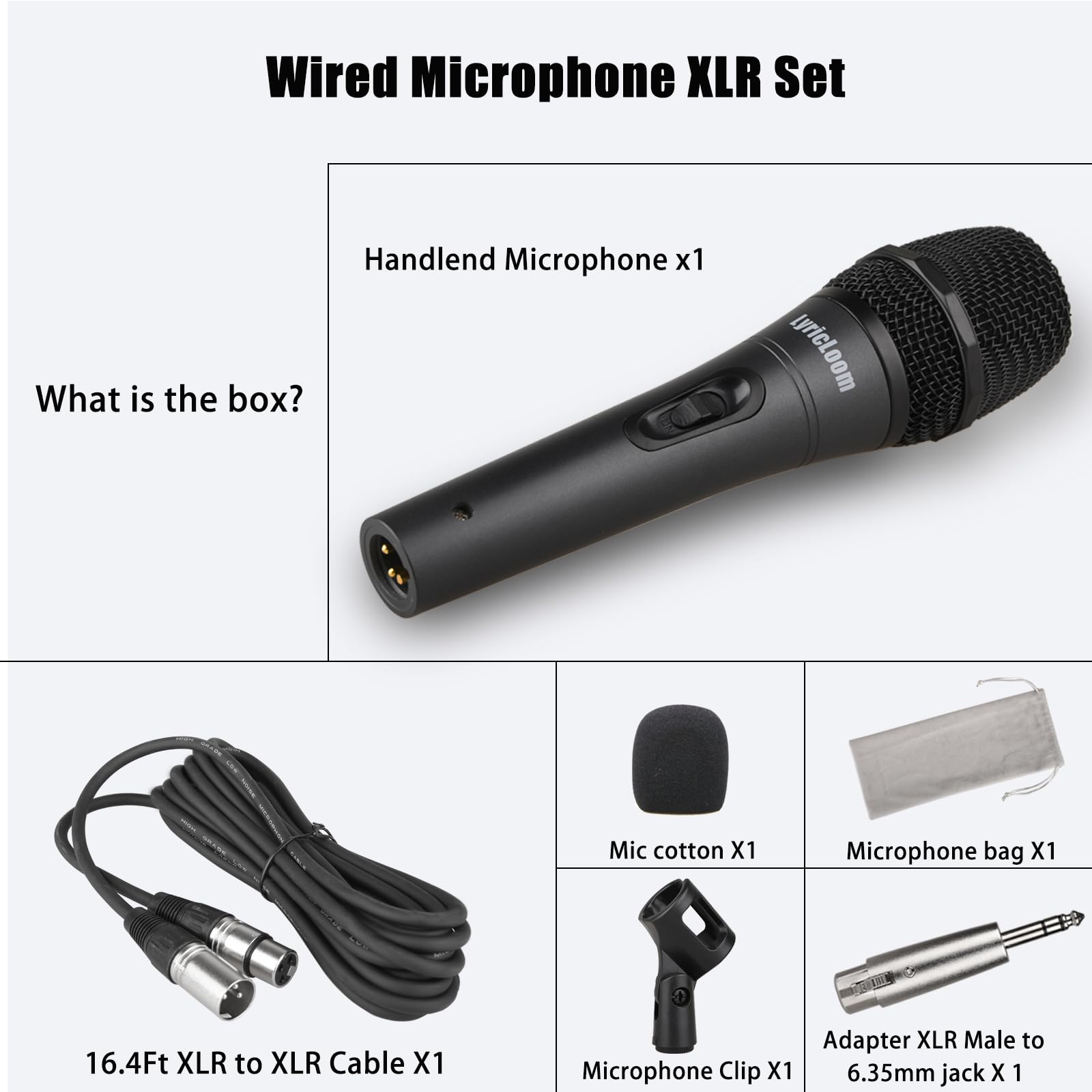 LyricLoom Professionelles XLR-Mikrofon Wired Set, Metall Gesang Dynamisches Mikrofon mit 16,4 XLR Stecker auf XLR Buchse Kabel, Mic mit Schalter Set.Schnurmikrofon für Karaoke, Lautsprecher, Singen,