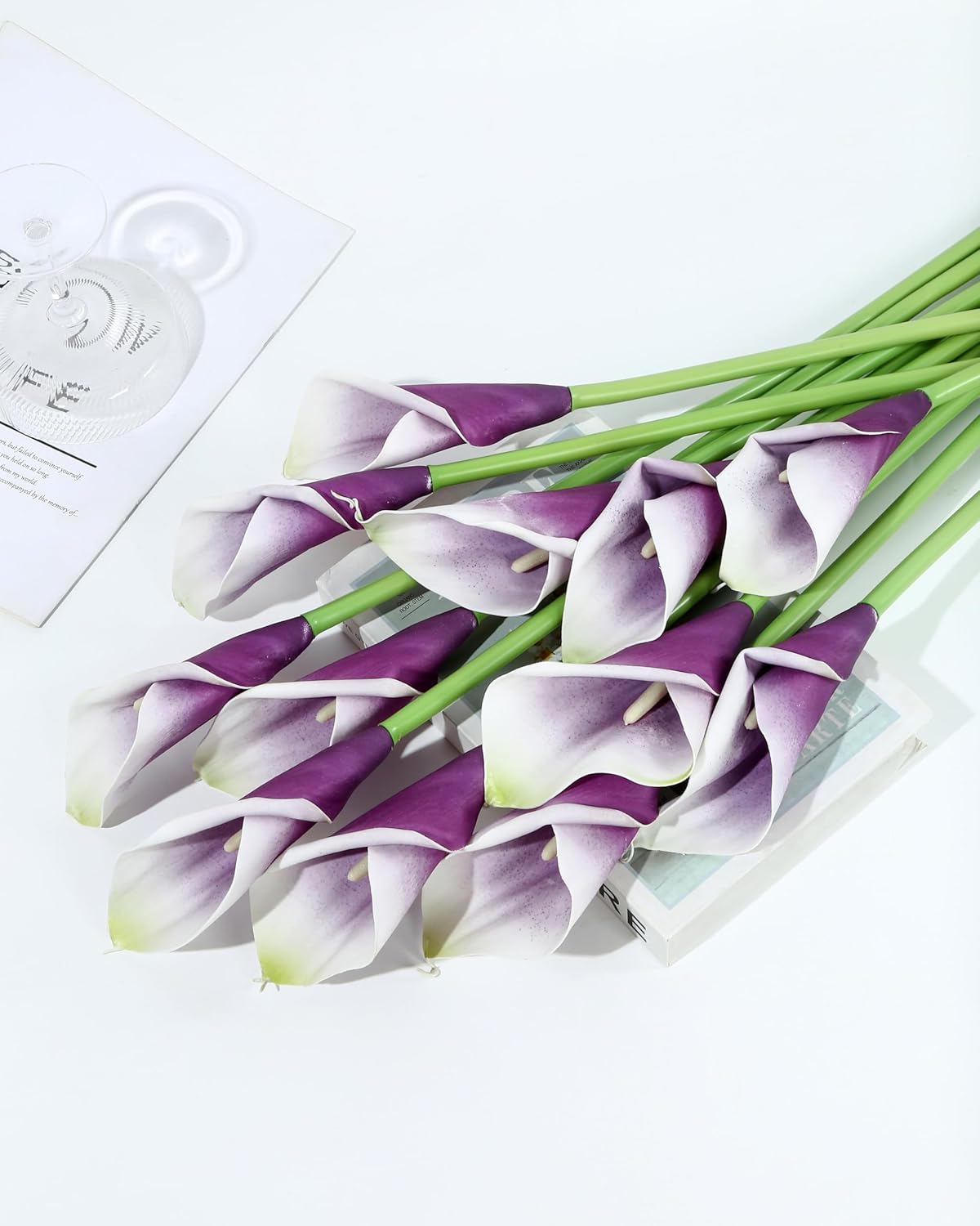 DuHouse 12pcs Calla Lily Artificial Flowers,26" Long Stem Large Calla Lily Flowers,Real Touch Calla Lilies for Party Wedding Bridal Bouquet Home Decor Centerpiece(White-Purple)