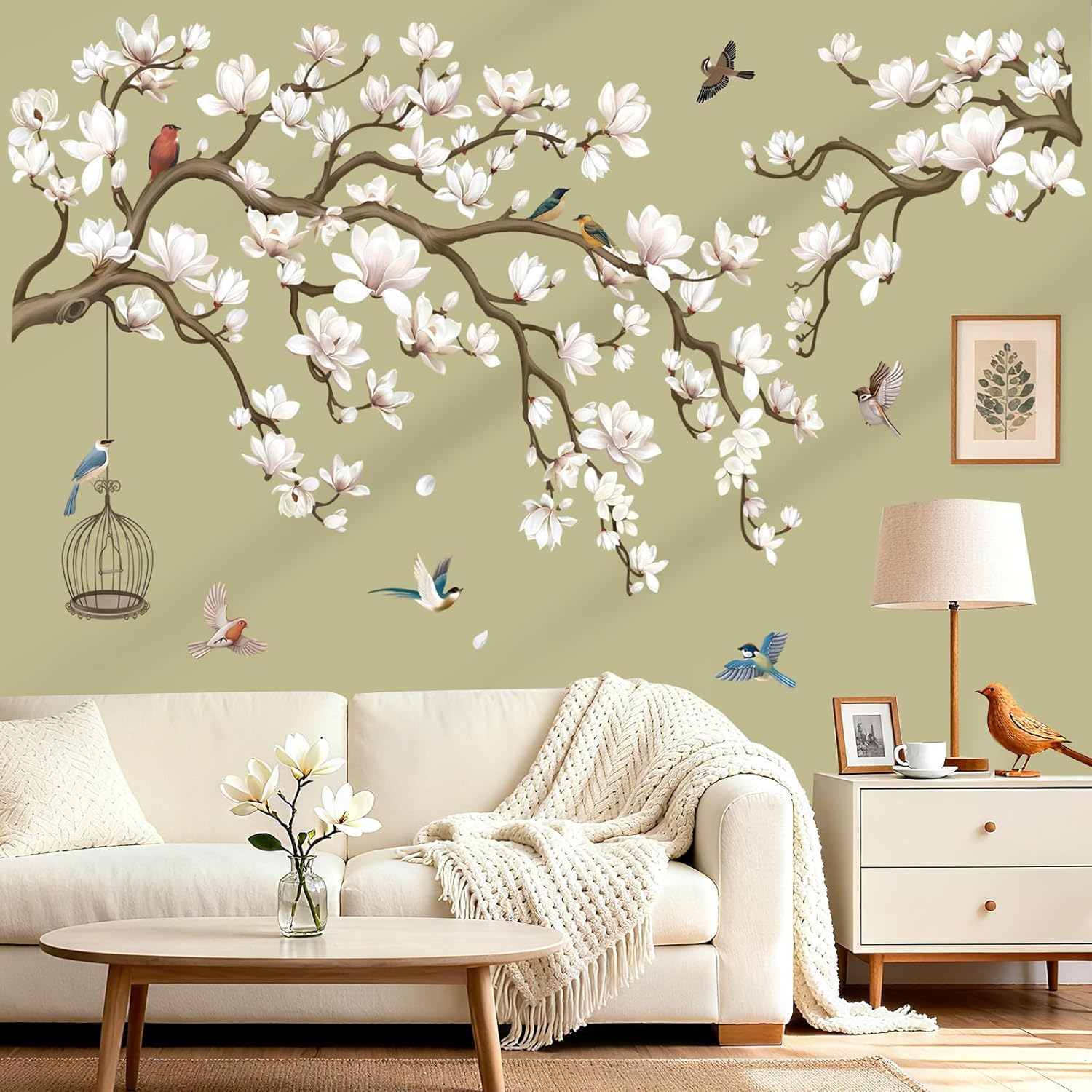 Magnolia Flowers Tree Branch Wall Stickers White Floral Birds Peel and Stick Wall Art Decals for Living Room Bedroom Sofa-image-10