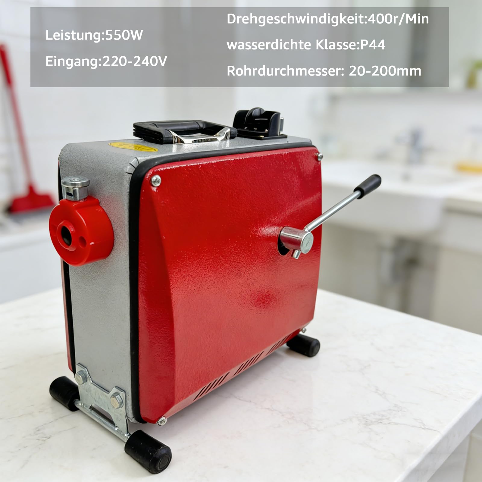 Elektrische Abflussspirale 550W Rohrreinigungsmaschine | 28m Abflussspirale & 7 Bohrköpfe, 400 U/min, Ø16/10mm für Ø20-200mm Rohre | Effektiver Rohrreiniger für Küche, Bad & WC